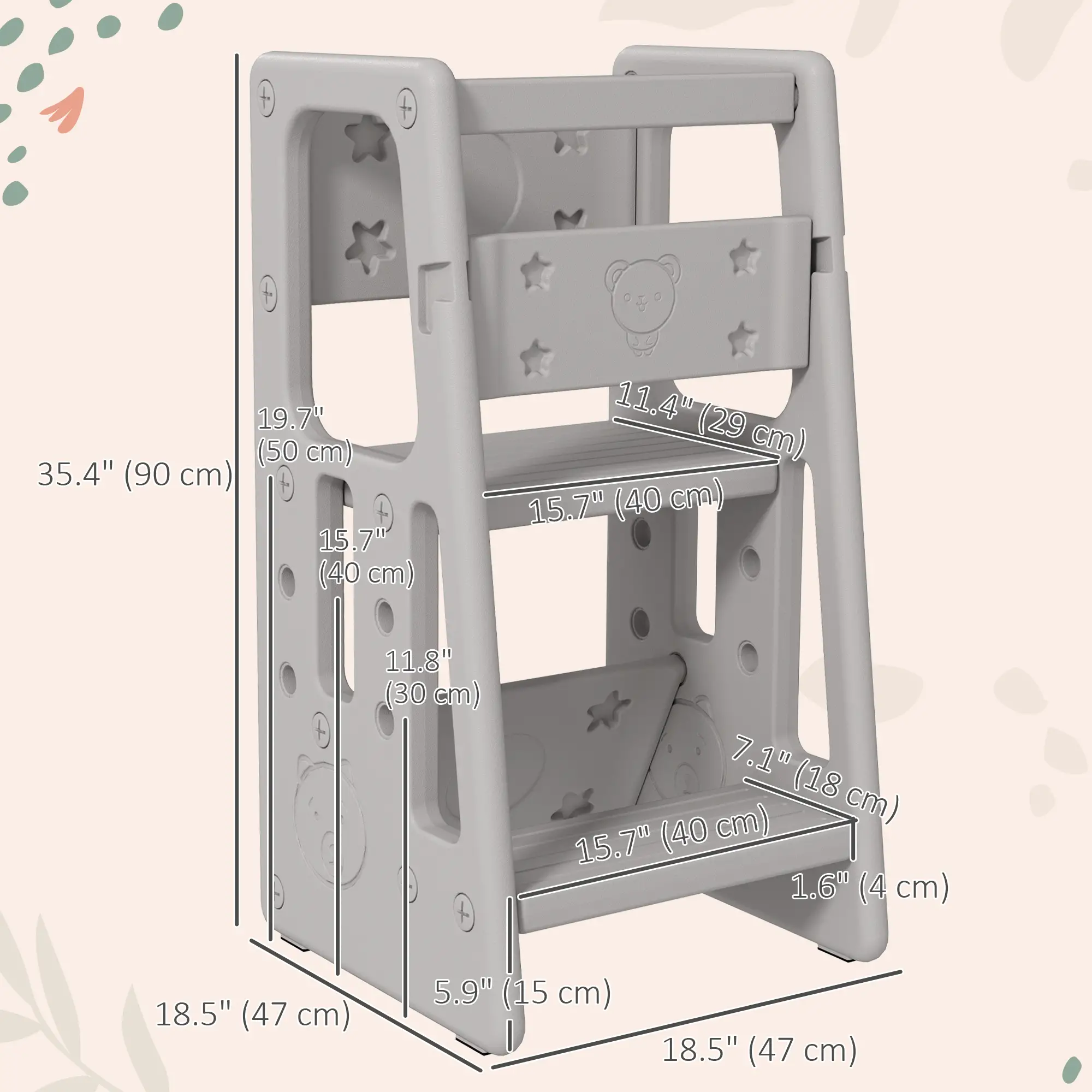 Toddler Kitchen Helper Stool, Adjustable Height, Safety Rail, Grey - Image 3