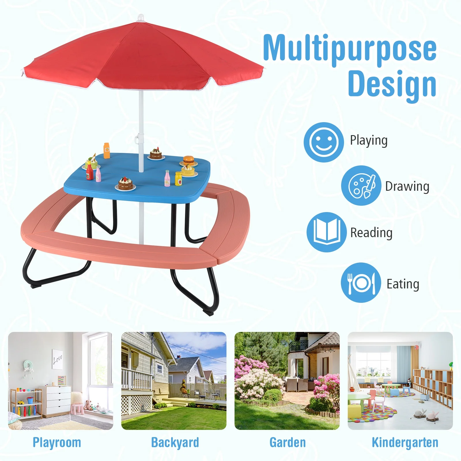 Toddler Outdoor Activity Table with Adjustable and Collapsible Umbrella, Blue - Image 10