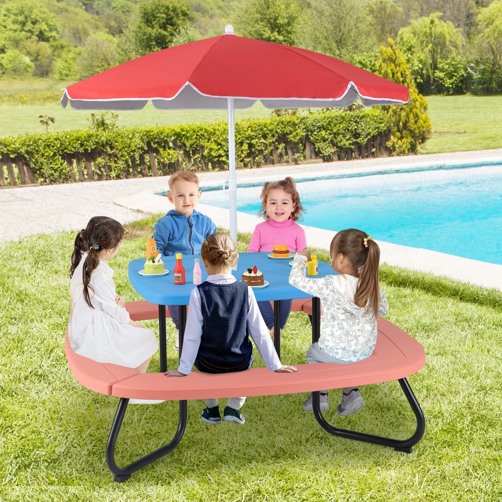 Toddler Outdoor Activity Table with Adjustable and Collapsible Umbrella, Blue - Image 2