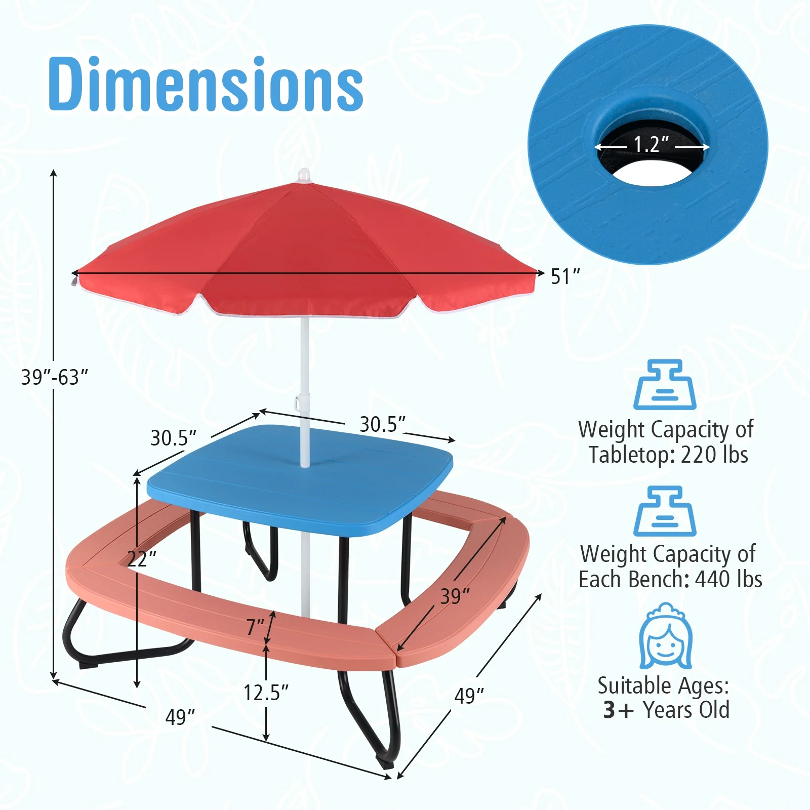Toddler Outdoor Activity Table with Adjustable and Collapsible Umbrella, Blue - Image 6
