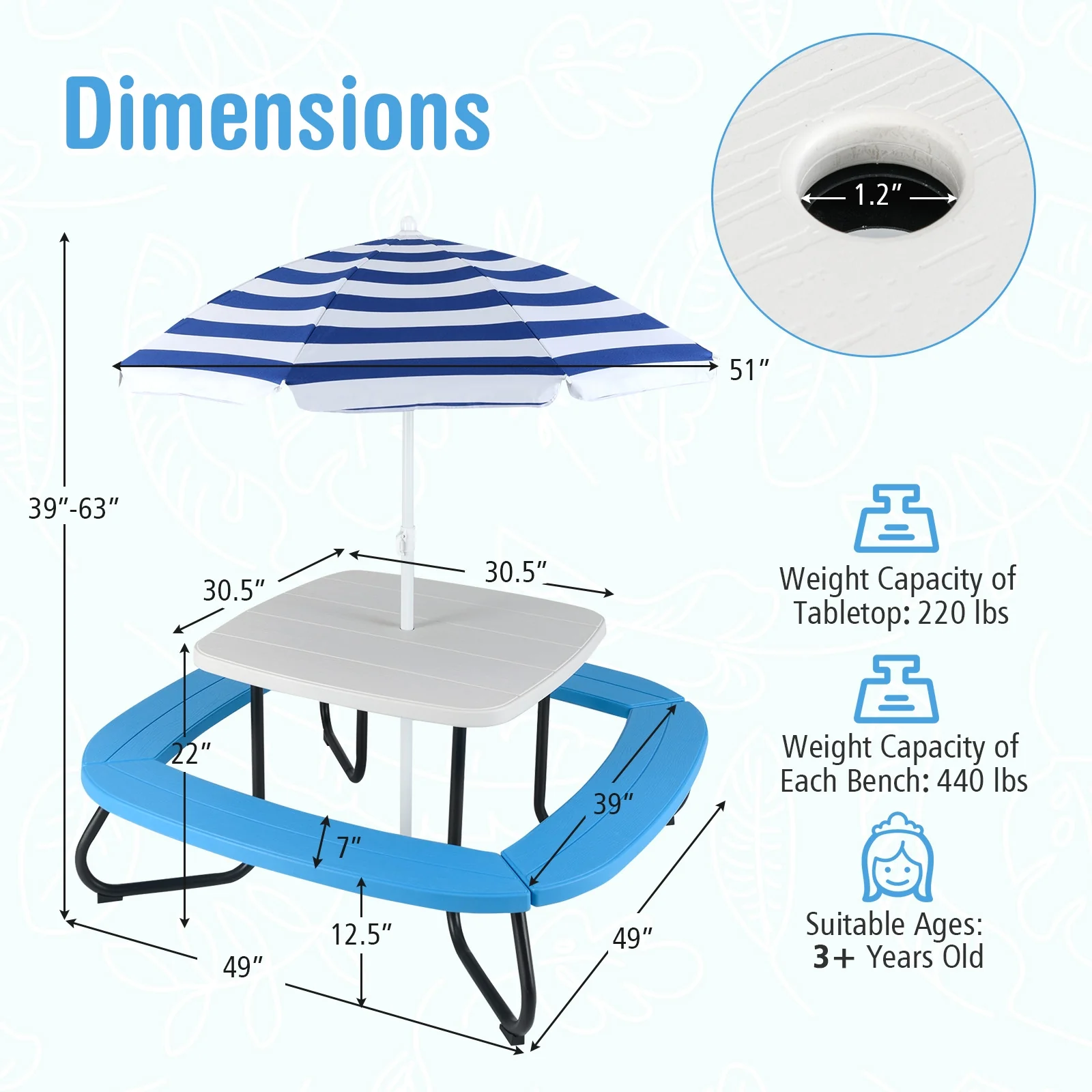 Toddler Outdoor Activity Table with Adjustable and Collapsible Umbrella, White - Image 6