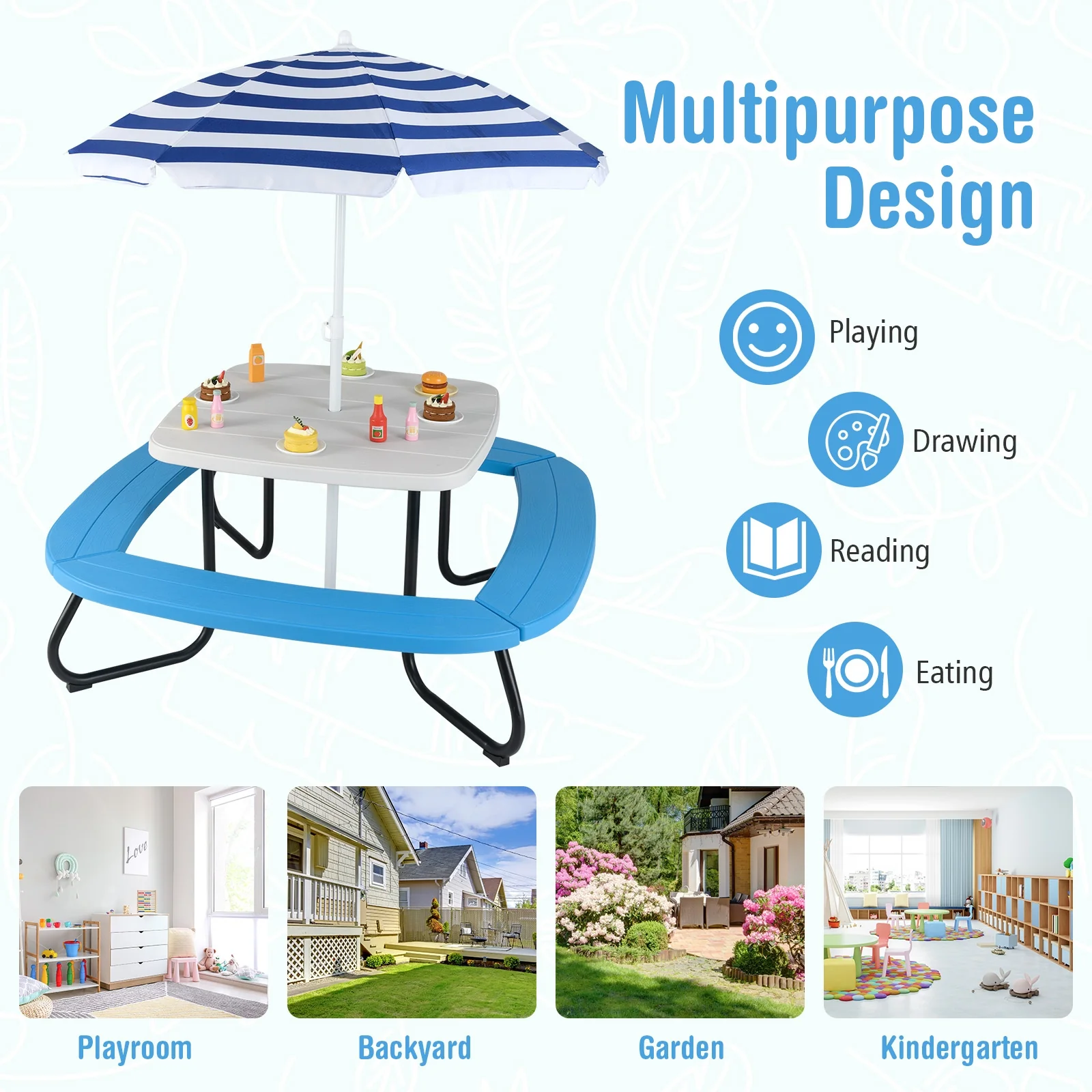 Toddler Outdoor Activity Table with Adjustable and Collapsible Umbrella, White - Image 8