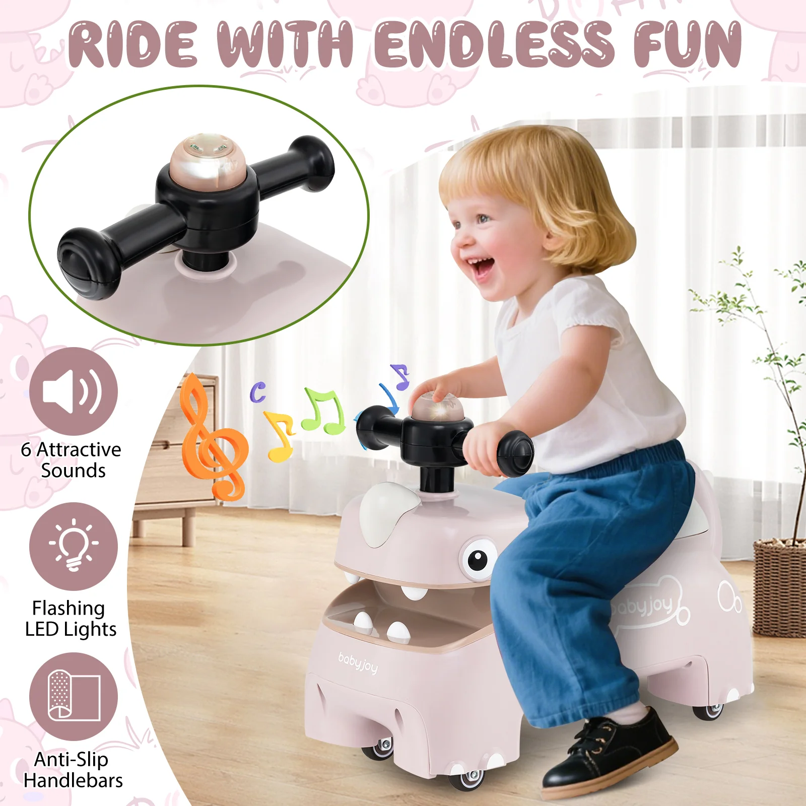 Toddler Ride On Toy Car, With Lights And Music, Pink - Image 7