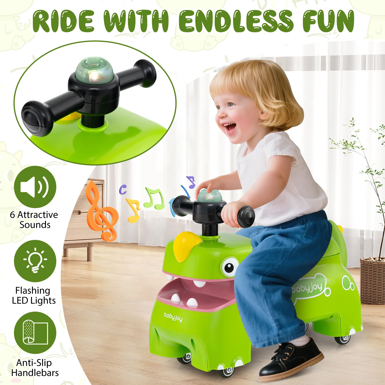 Toddler Ride On Toy Car With Lights, Music, Green - Image 9