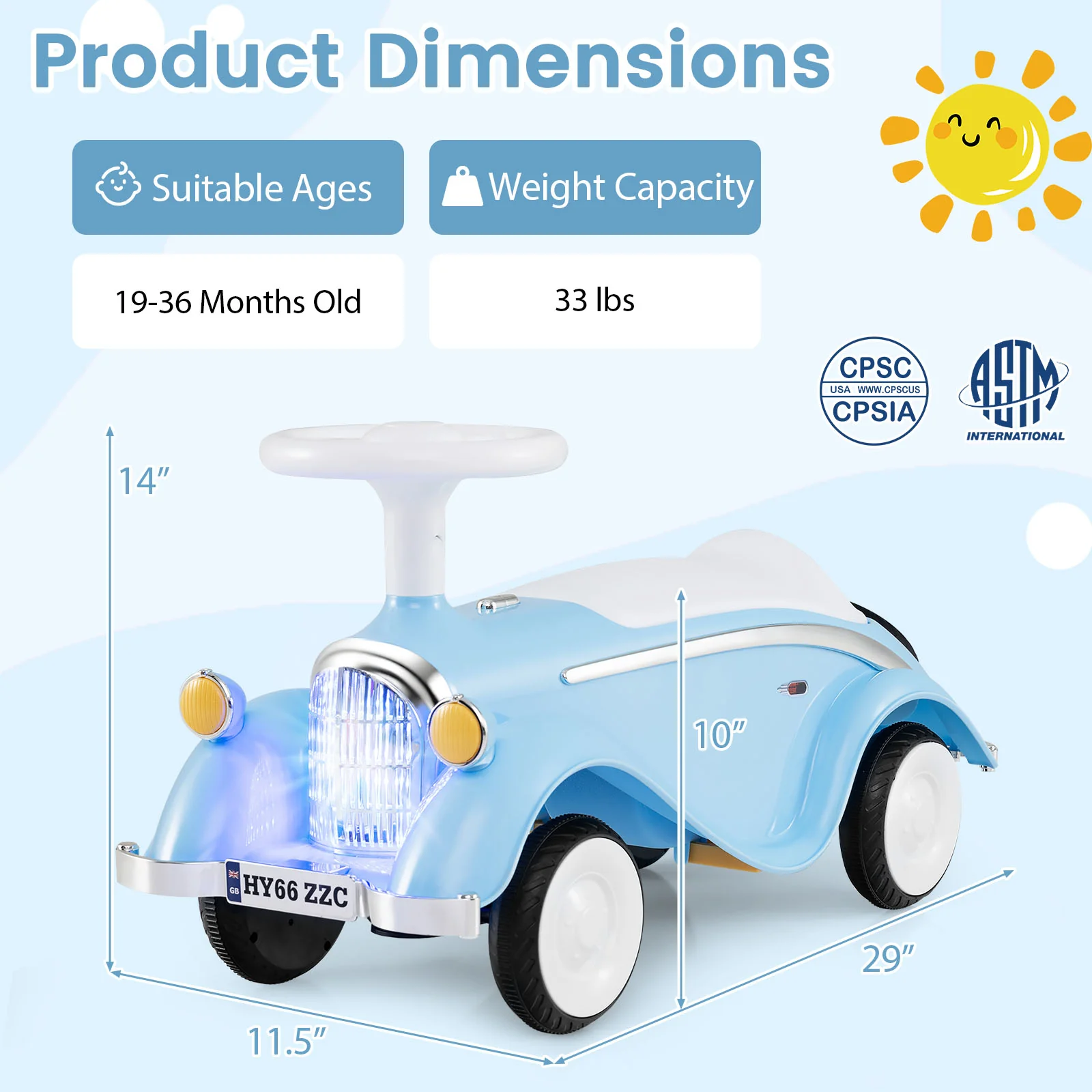 Toddler Ride on Toy Classic Sliding Car with Horn and LED Headlight, Blue - Image 6