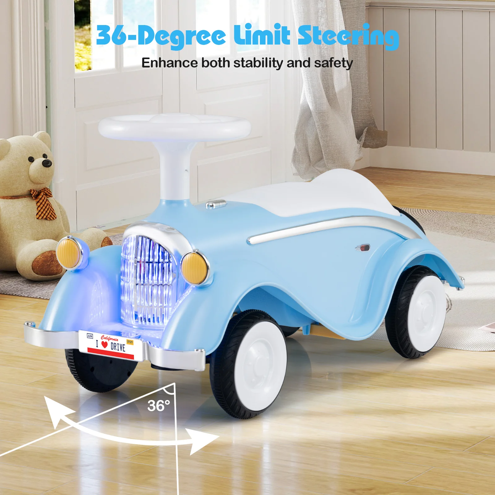 Toddler Ride on Toy Classic Sliding Car with Horn and LED Headlight, Blue - Image 8