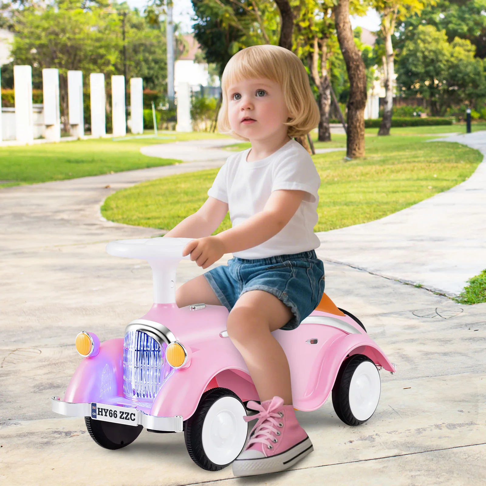 Toddler Ride on Toy Classic Sliding Car with Horn and LED Headlight, Pink - Image 3