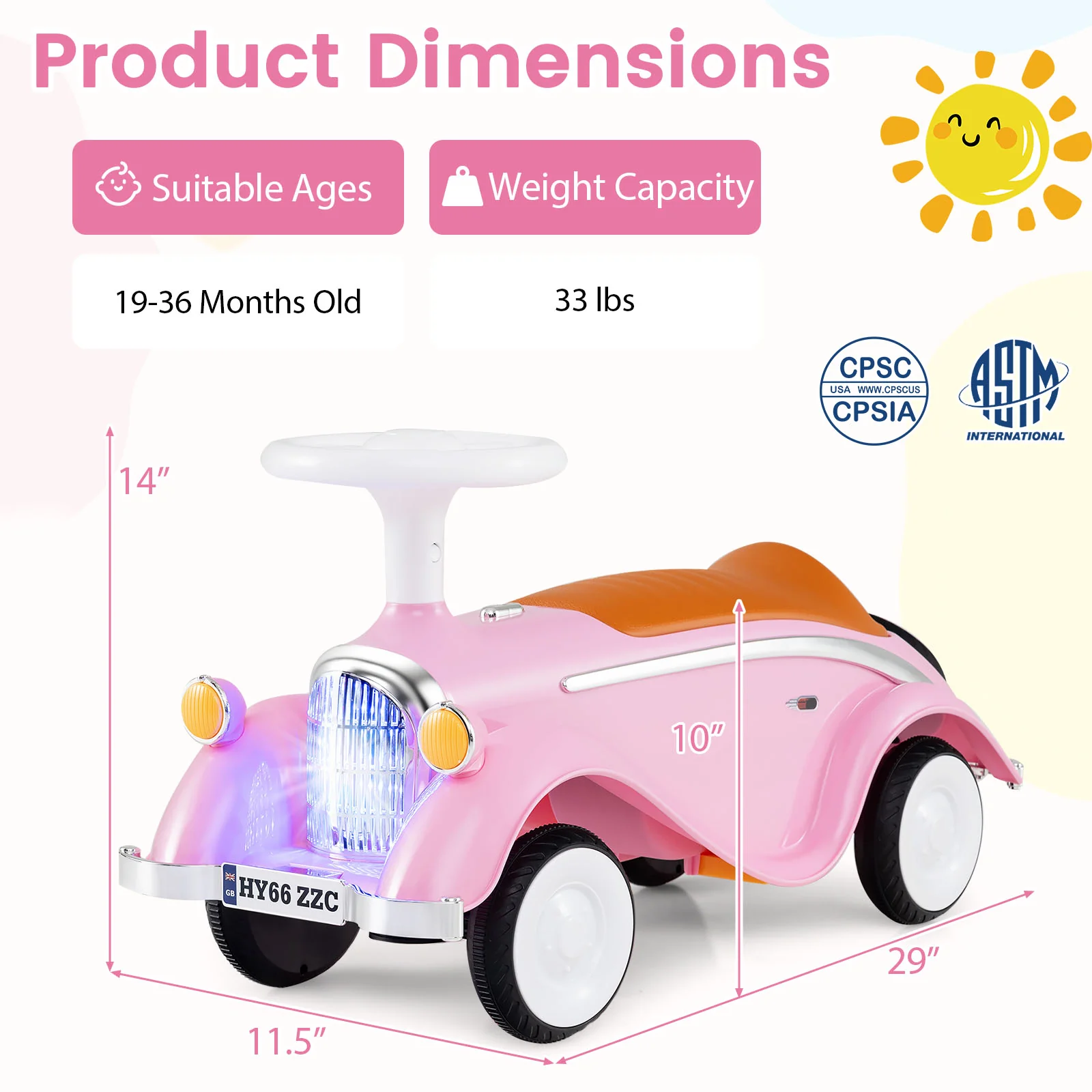 Toddler Ride on Toy Classic Sliding Car with Horn and LED Headlight, Pink - Image 6