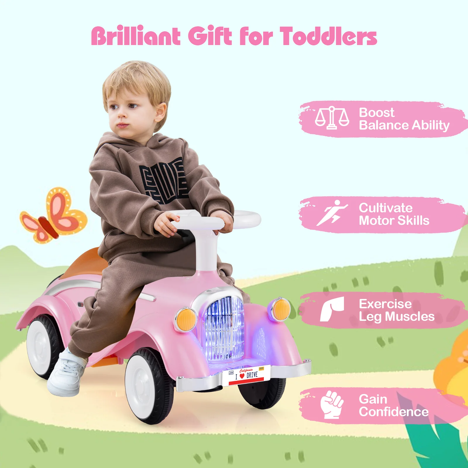 Toddler Ride on Toy Classic Sliding Car with Horn and LED Headlight, Pink - Image 7