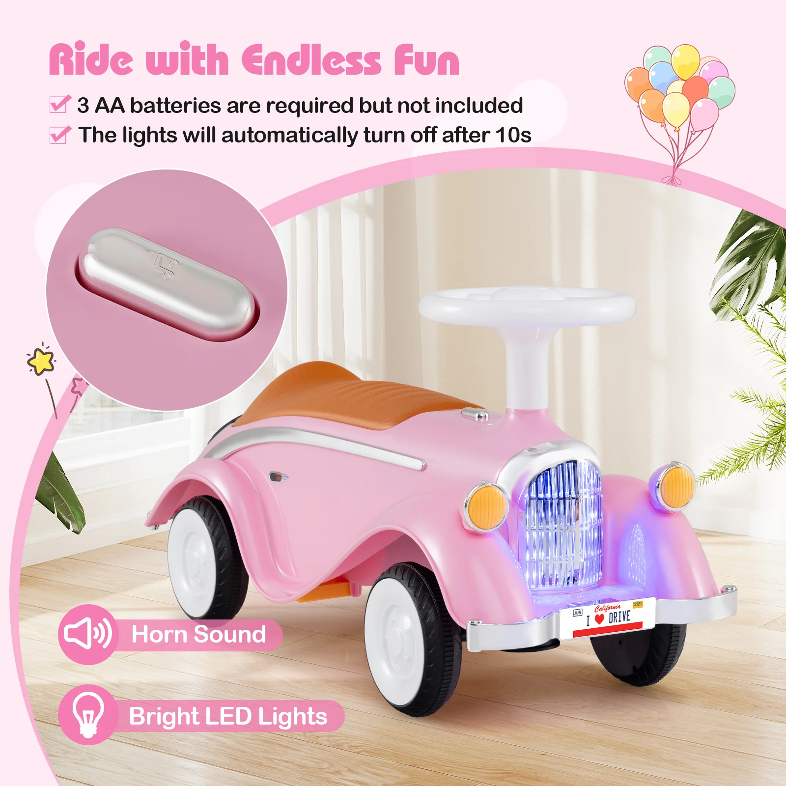 Toddler Ride on Toy Classic Sliding Car with Horn and LED Headlight, Pink - Image 8