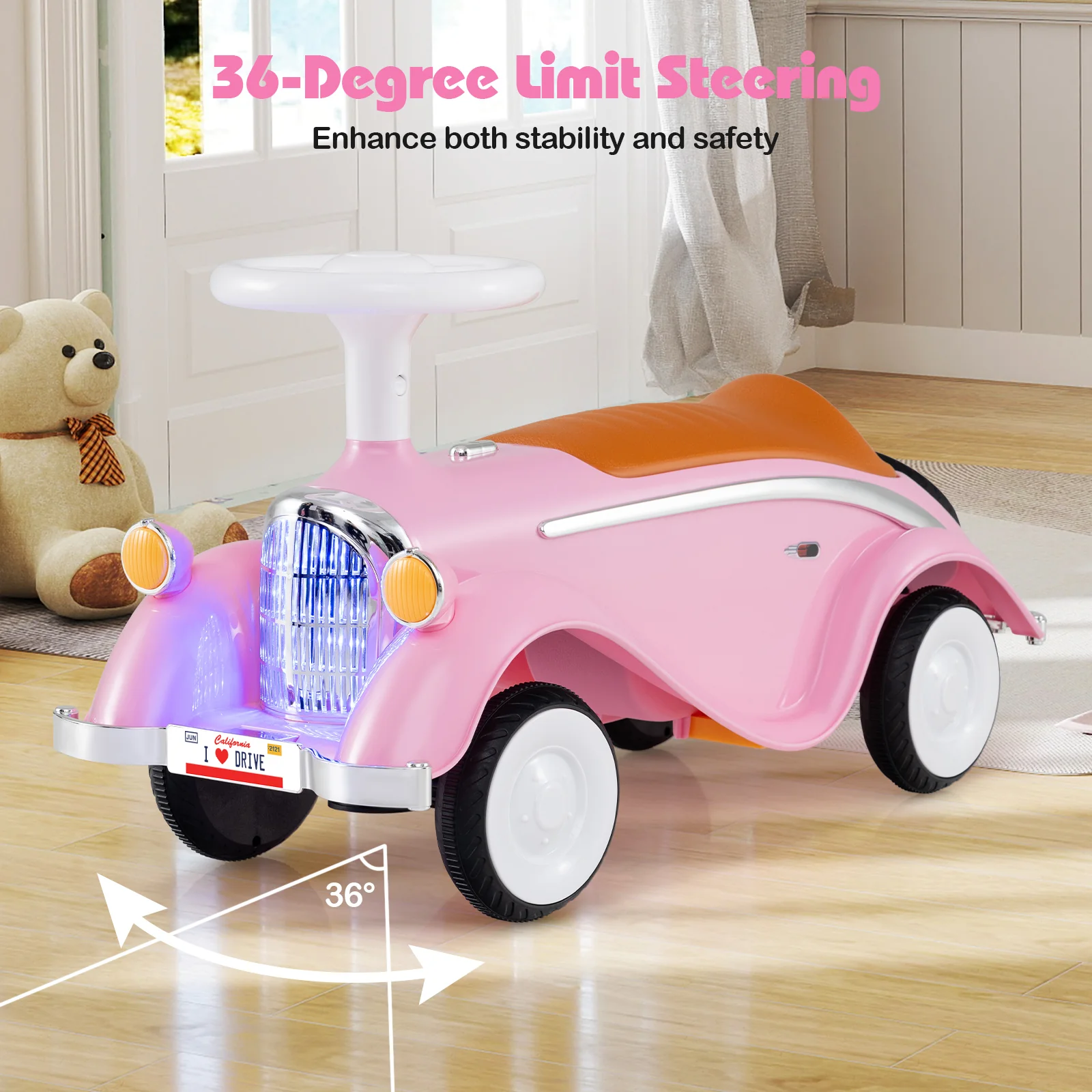 Toddler Ride on Toy Classic Sliding Car with Horn and LED Headlight, Pink - Image 9