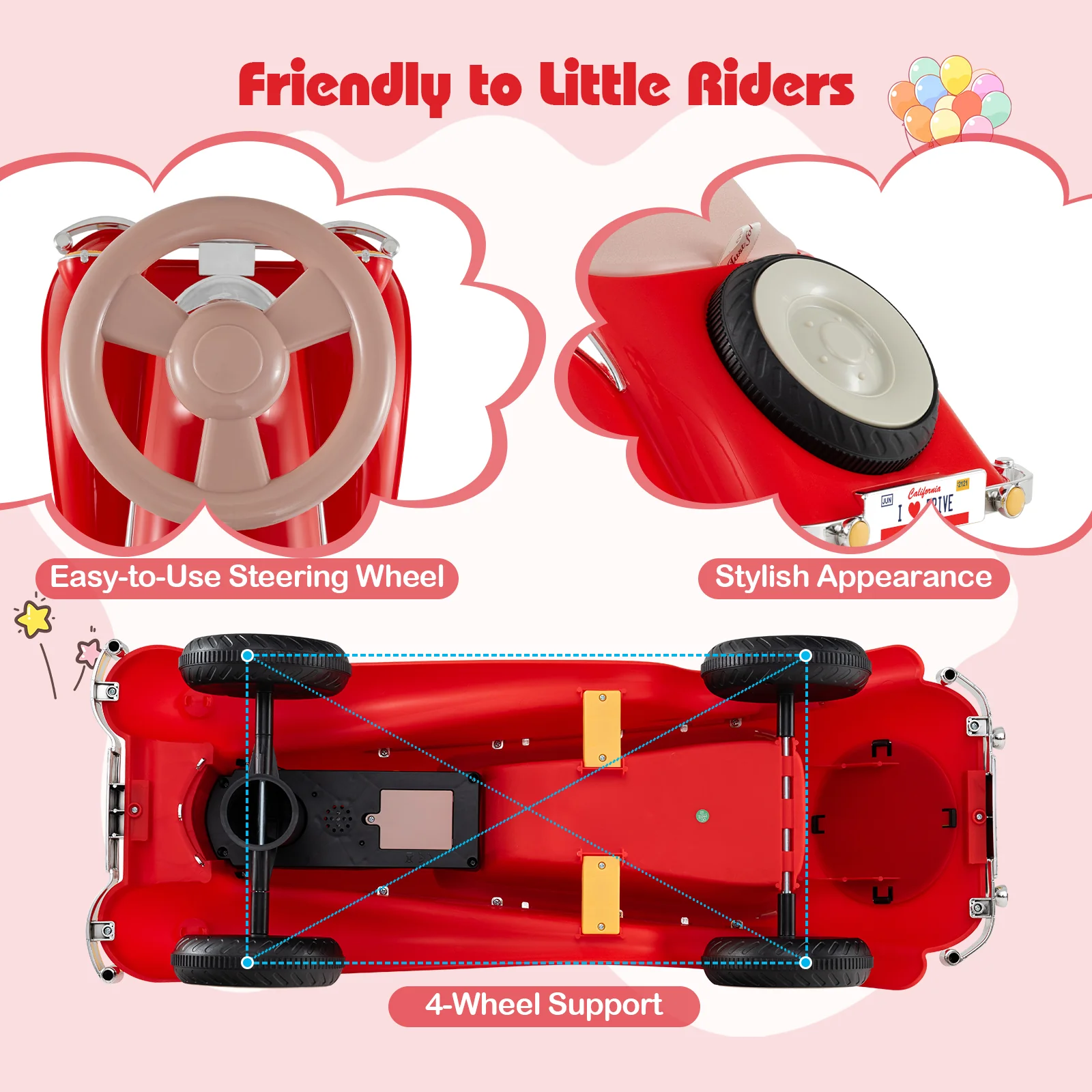Toddler Ride on Toy Classic Sliding Car with Horn and LED Headlight, Red - Image 10