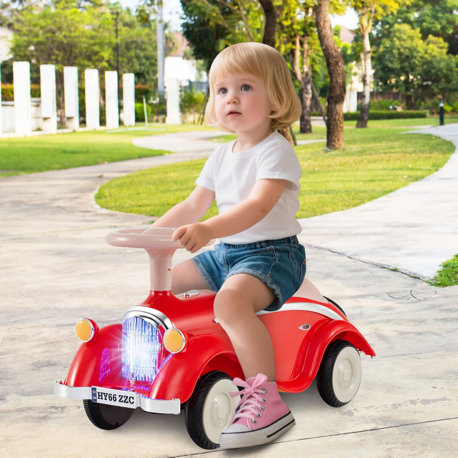 Toddler Ride on Toy Classic Sliding Car with Horn and LED Headlight, Red - Image 2