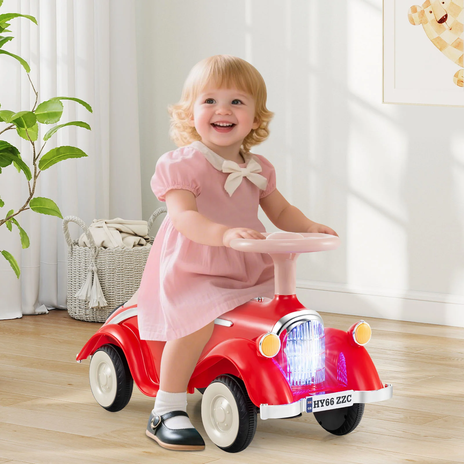 Toddler Ride on Toy Classic Sliding Car with Horn and LED Headlight, Red - Image 3