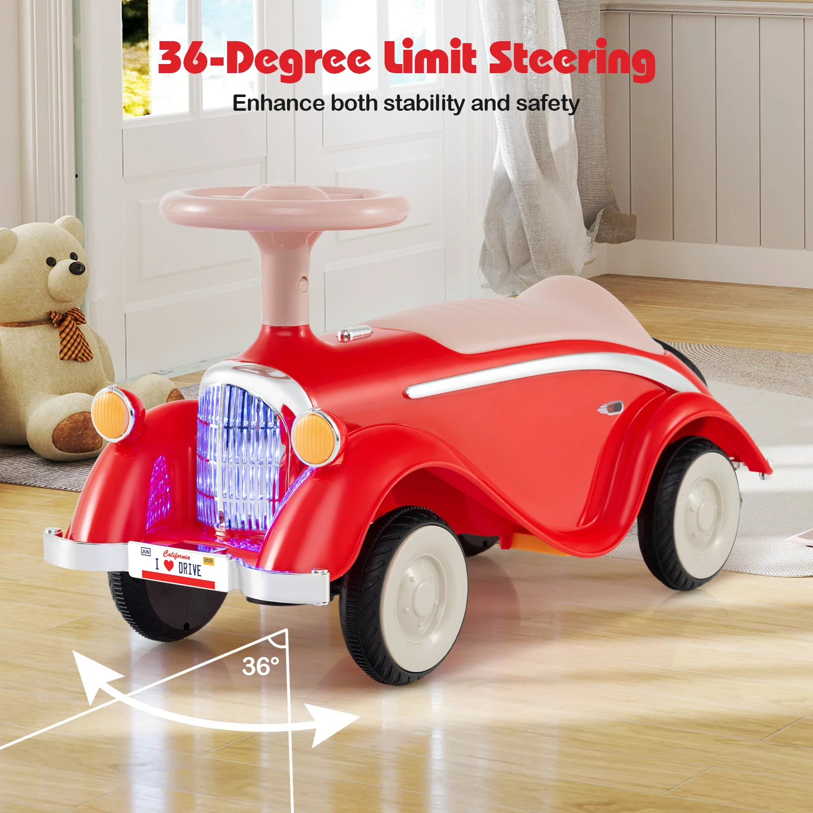 Toddler Ride on Toy Classic Sliding Car with Horn and LED Headlight, Red - Image 6