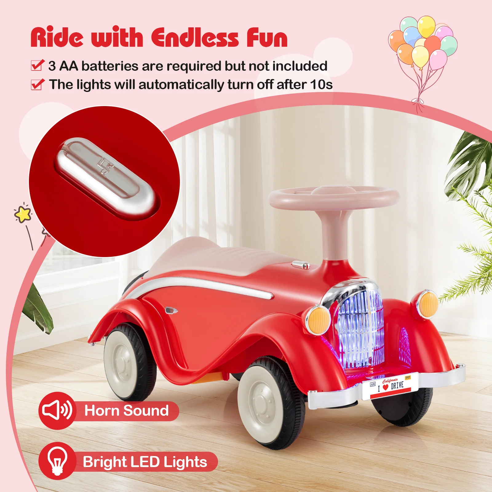 Toddler Ride on Toy Classic Sliding Car with Horn and LED Headlight, Red - Image 8