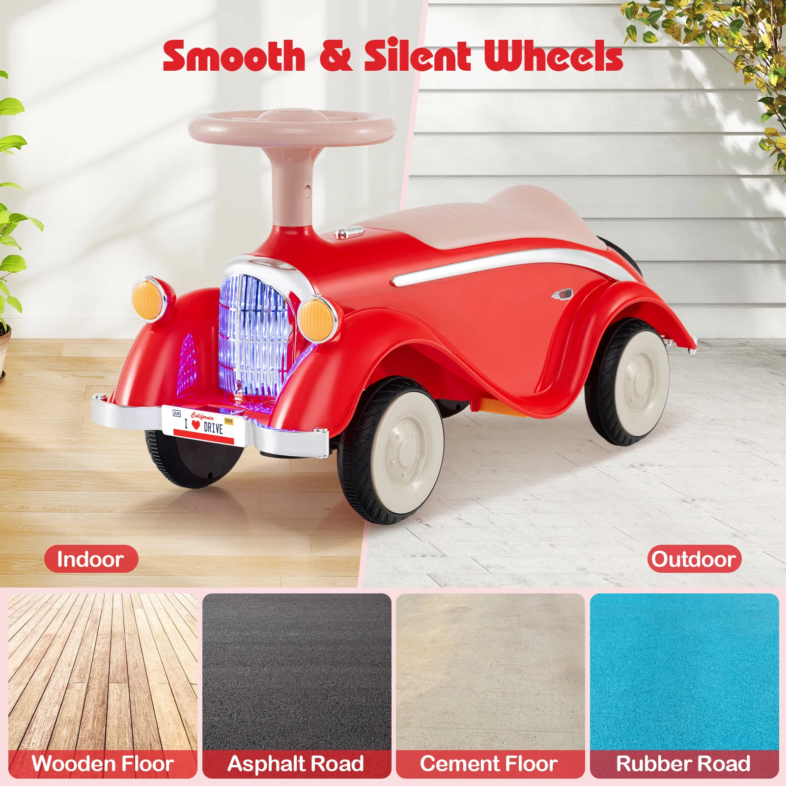 Toddler Ride on Toy Classic Sliding Car with Horn and LED Headlight, Red - Image 9