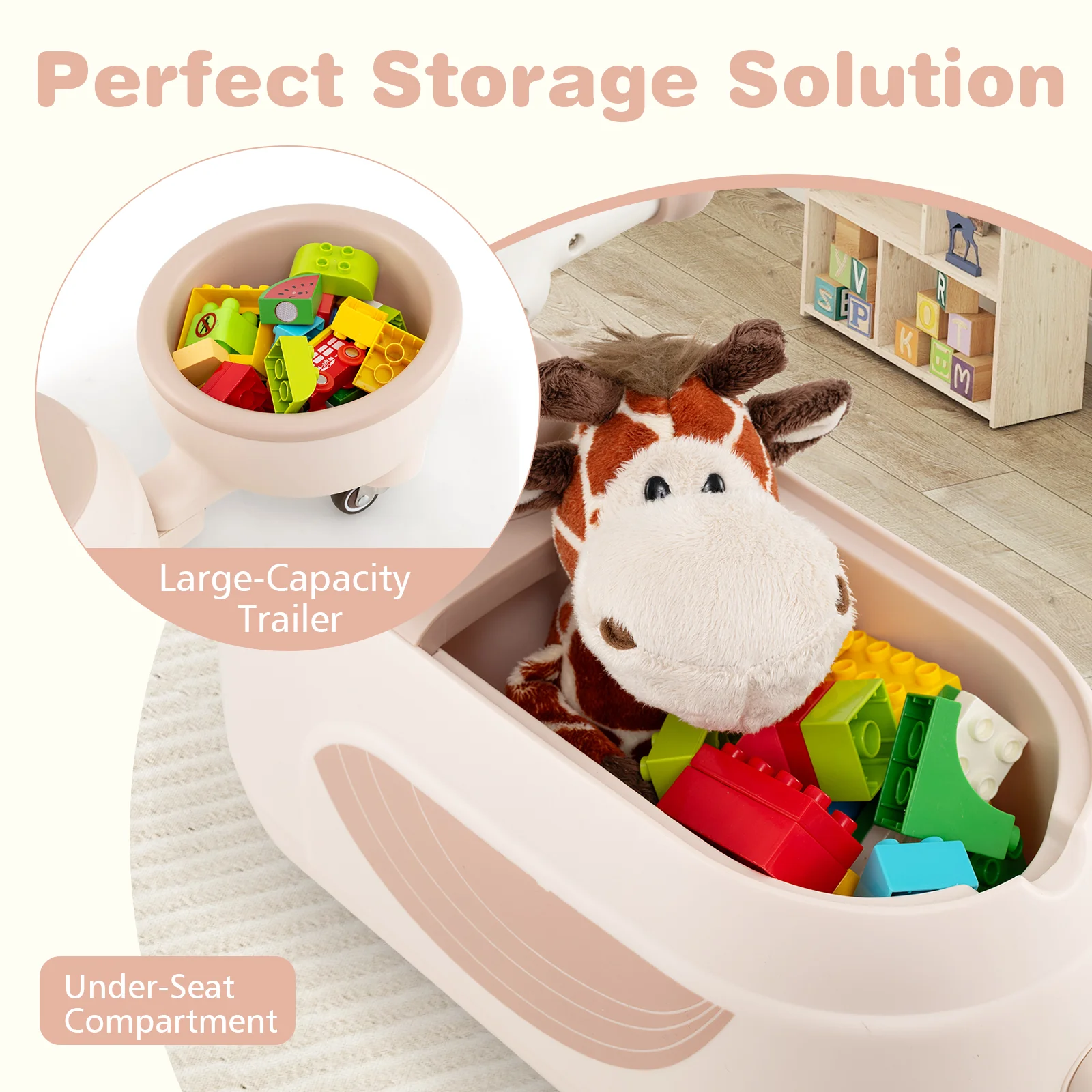 Toddler Ride On Toy With Trailer, Light Music, Beige - Image 10