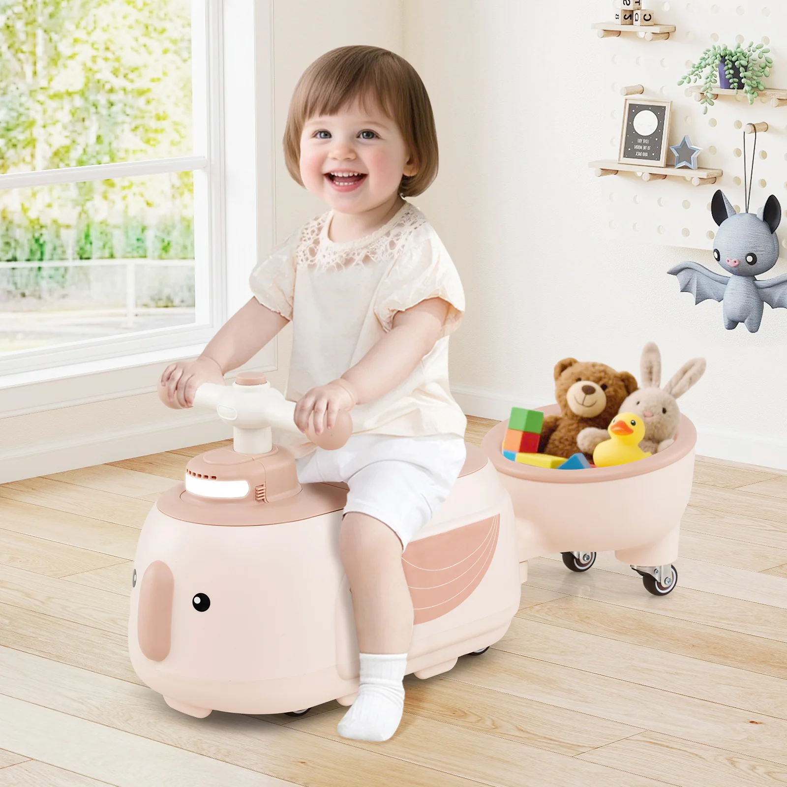 Toddler Ride On Toy With Trailer, Light Music, Beige - Image 2