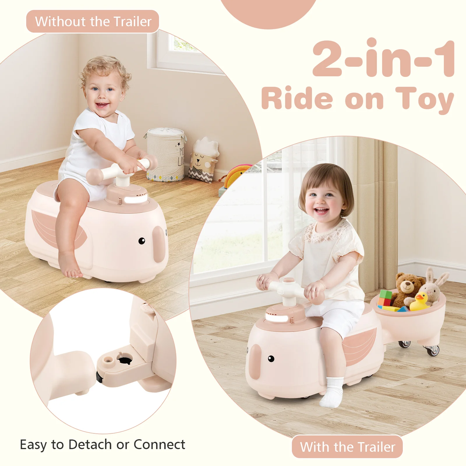 Toddler Ride On Toy With Trailer, Light Music, Beige - Image 8