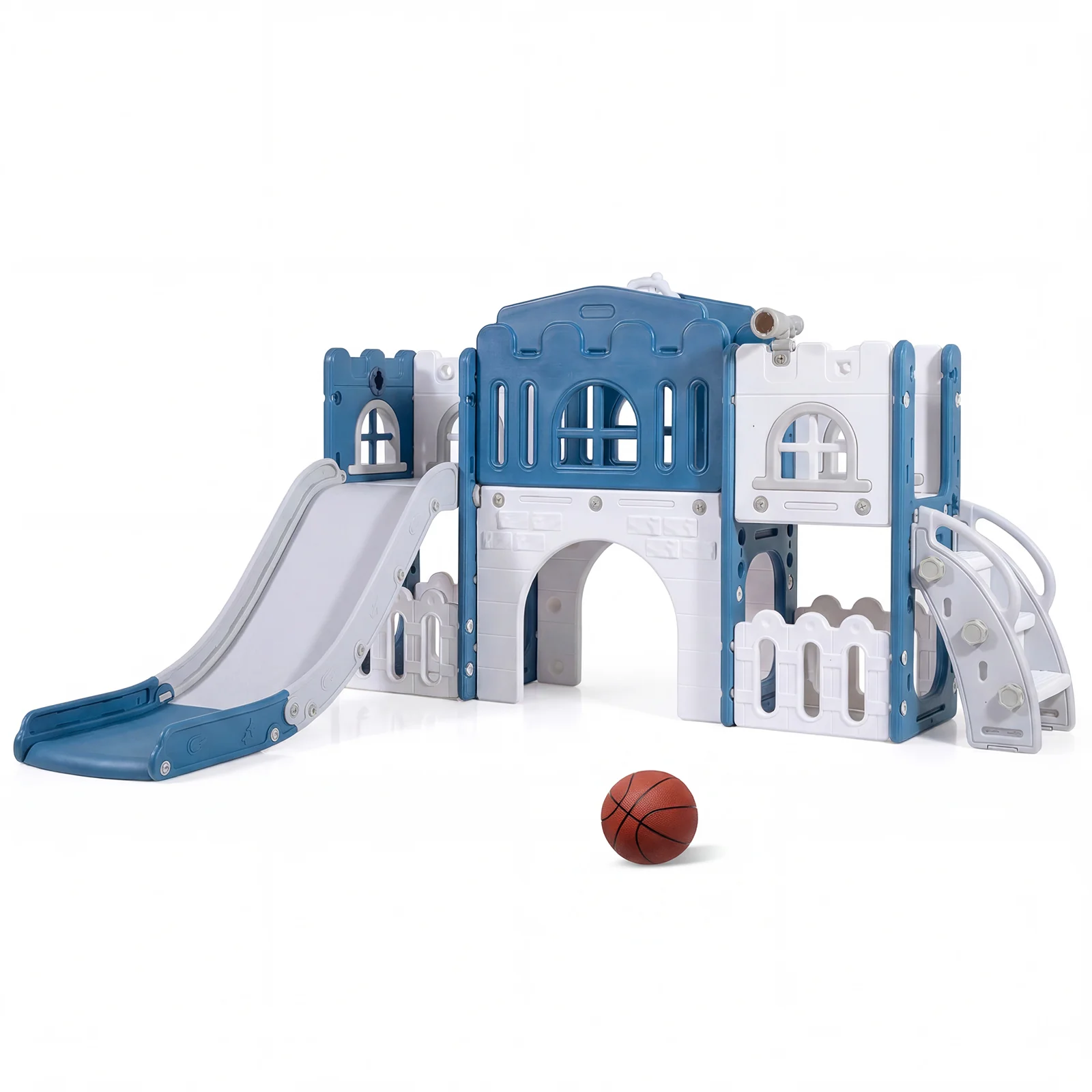 Toddler Slide Playset With Tunnel, Ladder, Basketball, Blue