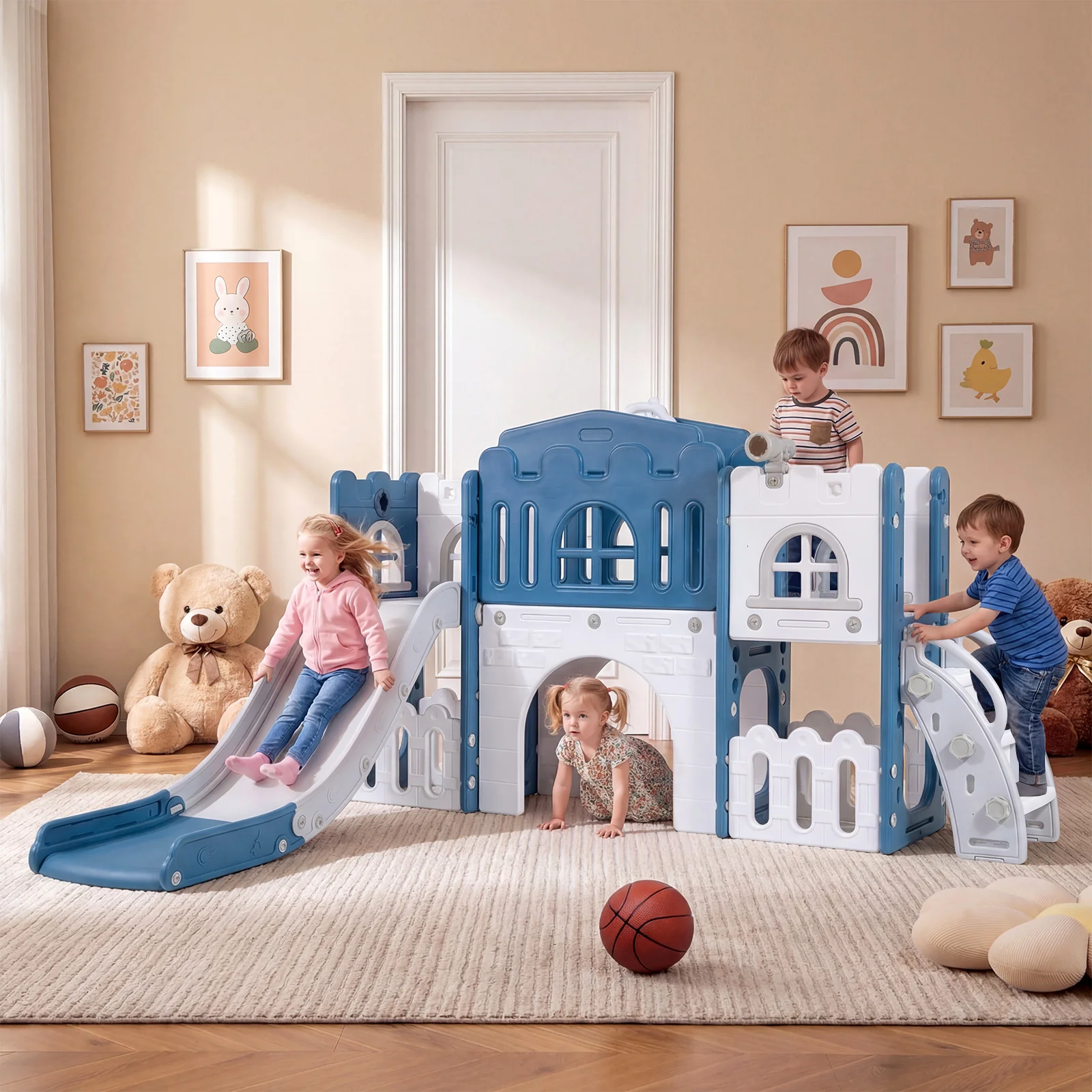 Toddler Slide Playset With Tunnel, Ladder, Basketball, Blue - Image 2