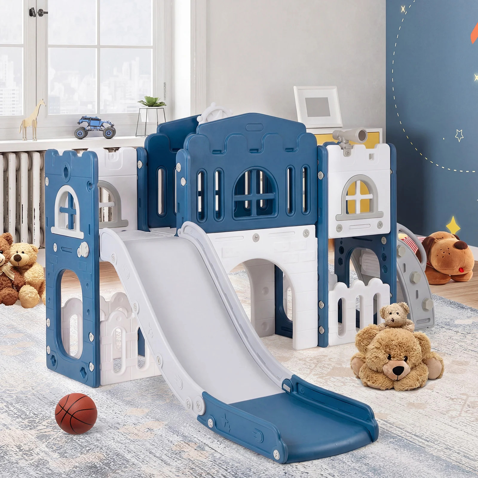 Toddler Slide Playset With Tunnel, Ladder, Basketball, Blue - Image 3