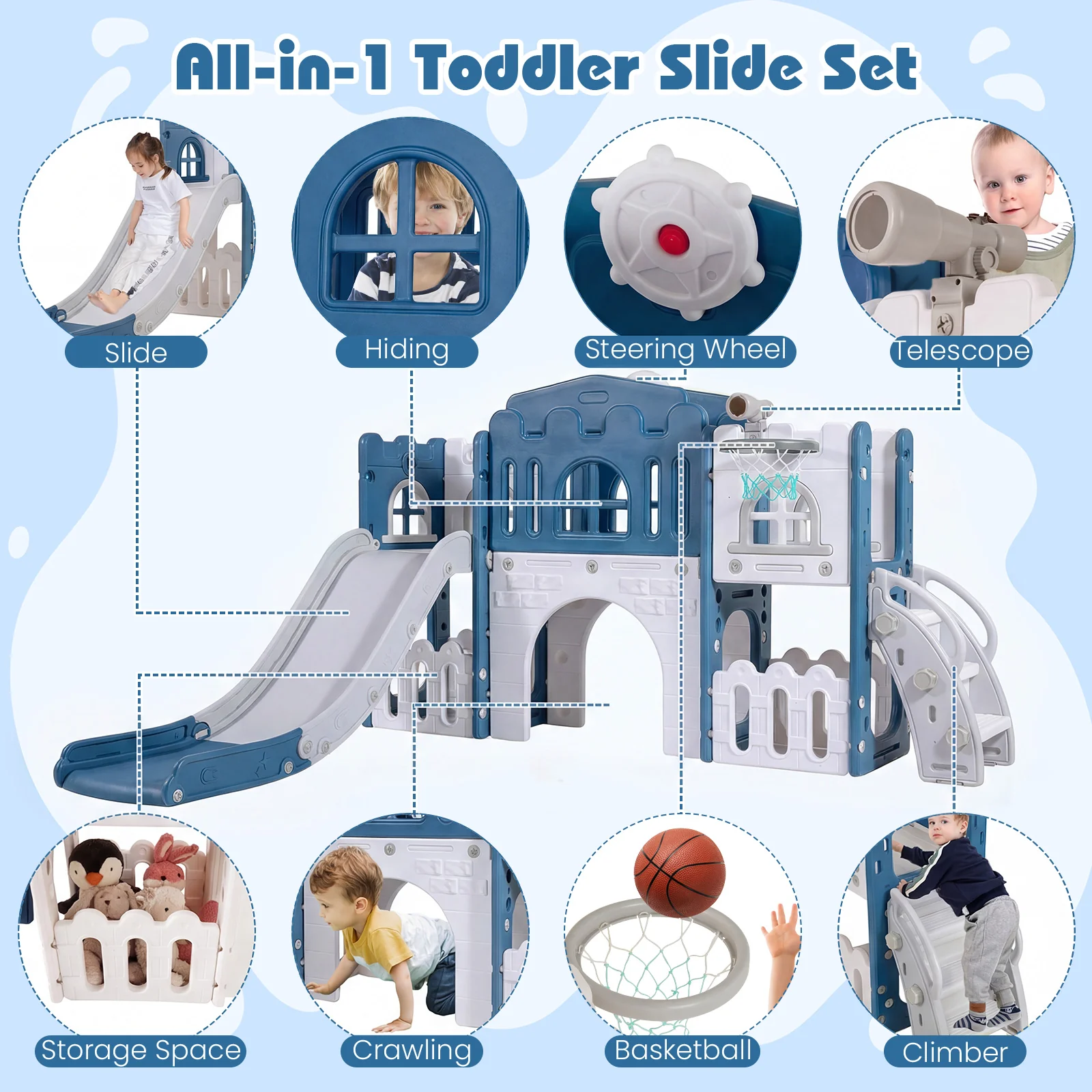 Toddler Slide Playset With Tunnel, Ladder, Basketball, Blue - Image 5