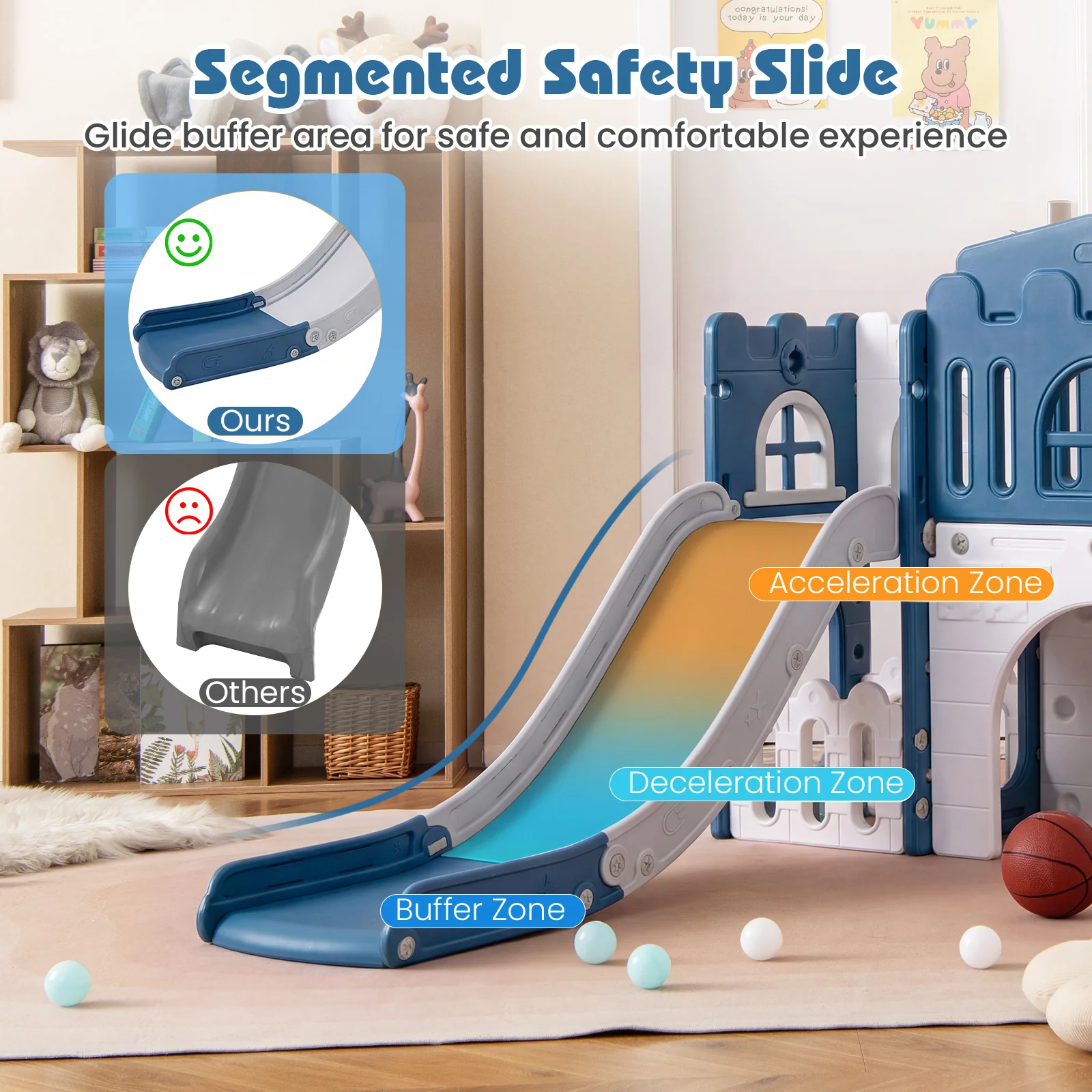 Toddler Slide Playset With Tunnel, Ladder, Basketball, Blue - Image 6