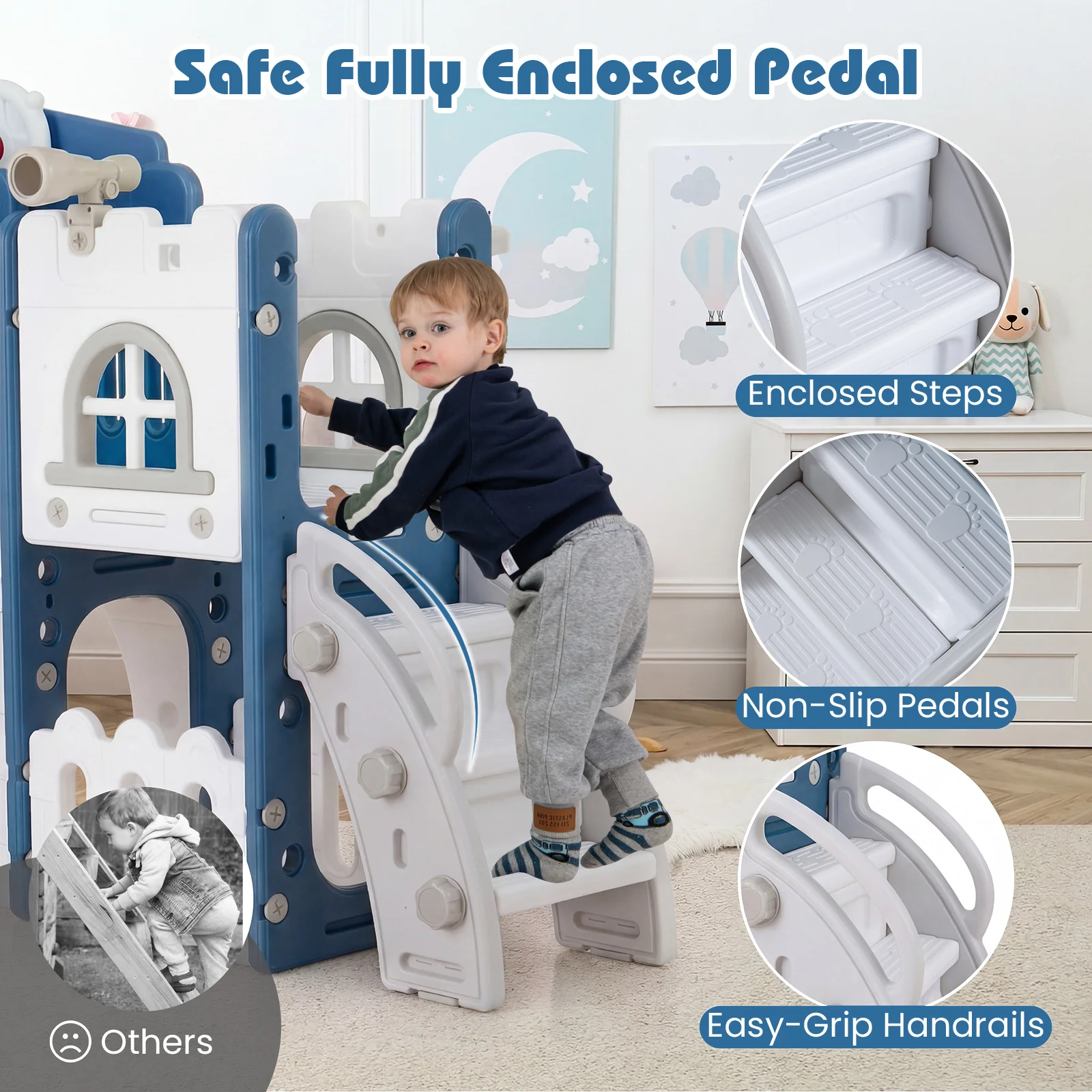 Toddler Slide Playset With Tunnel, Ladder, Basketball, Blue - Image 7