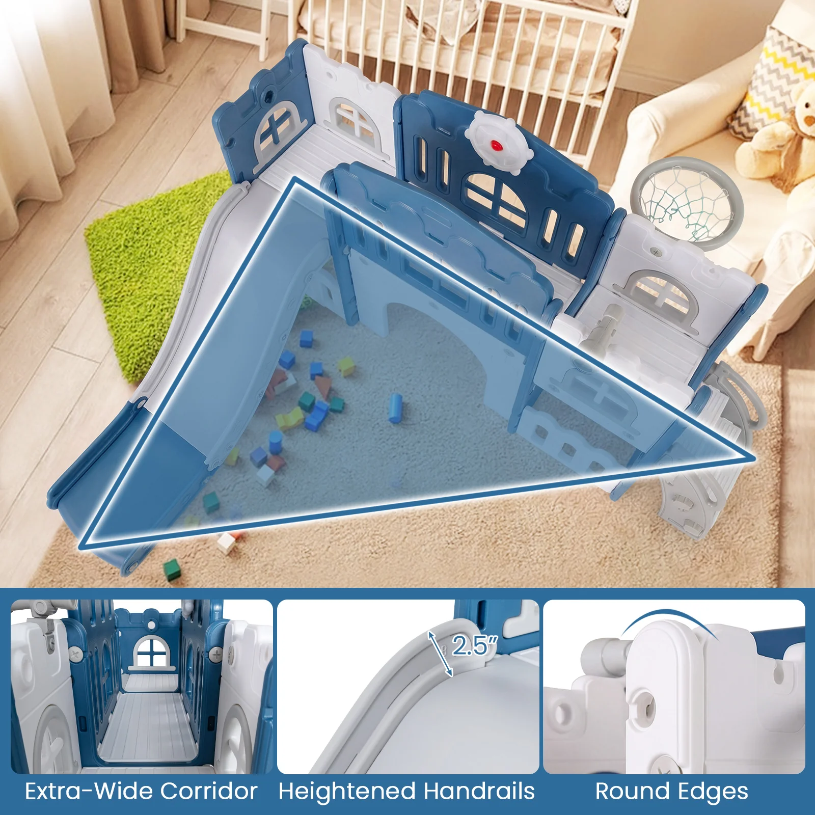 Toddler Slide Playset With Tunnel, Ladder, Basketball, Blue - Image 8