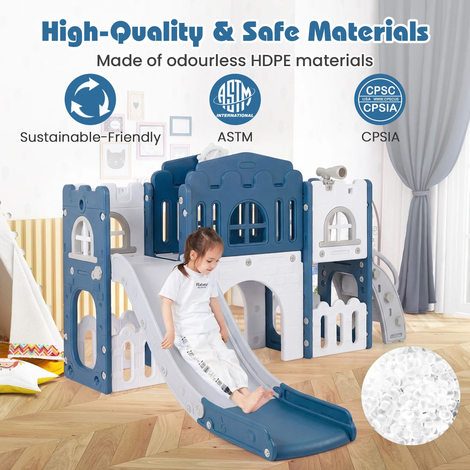 Toddler Slide Playset With Tunnel, Ladder, Basketball, Blue - Image 9