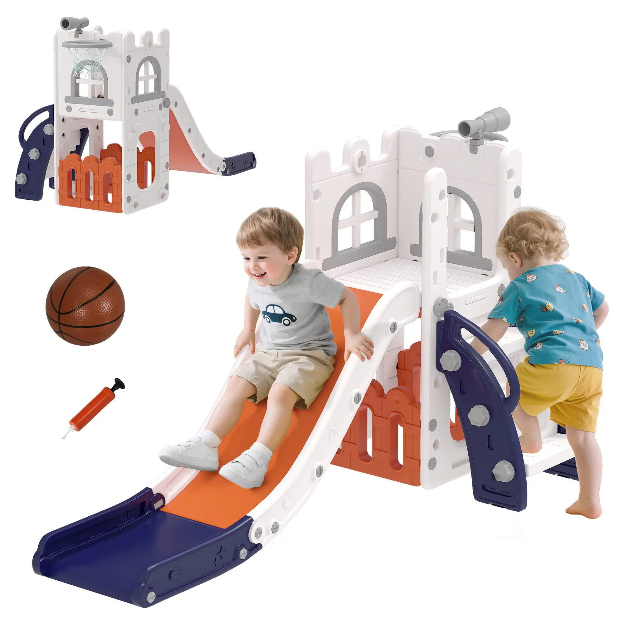 Toddler Slide With Basketball Hoop, Climber, Telescope, Storage Basket, For 1-3 Years, Orange - Image 11