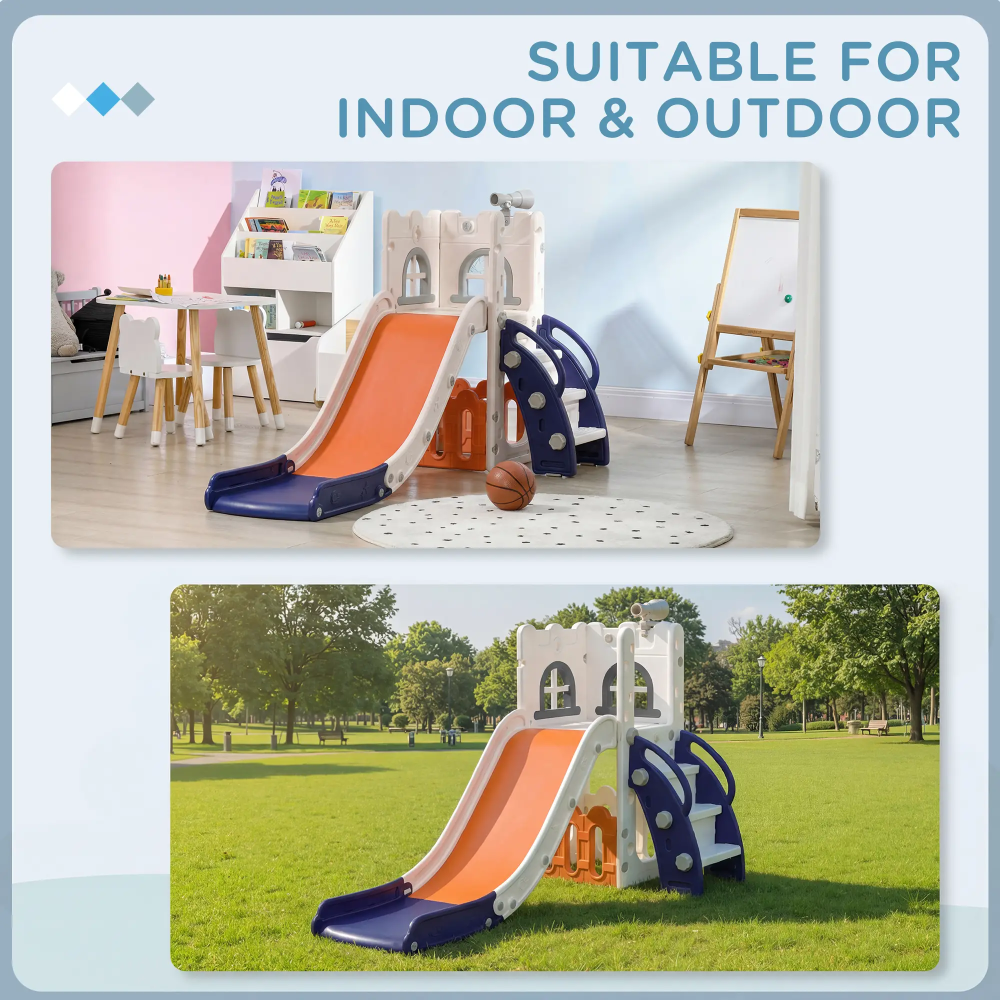 Toddler Slide With Basketball Hoop, Climber, Telescope, Storage Basket, For 1-3 Years, Orange - Image 9