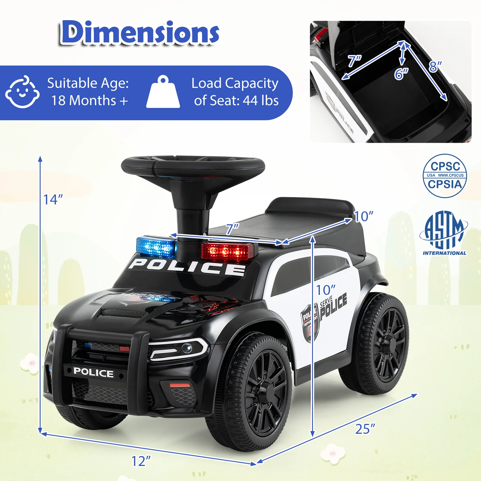 Toddler Sliding Car with Steering Wheel and Under-Seat Storage Push-DK, Black - Image 5