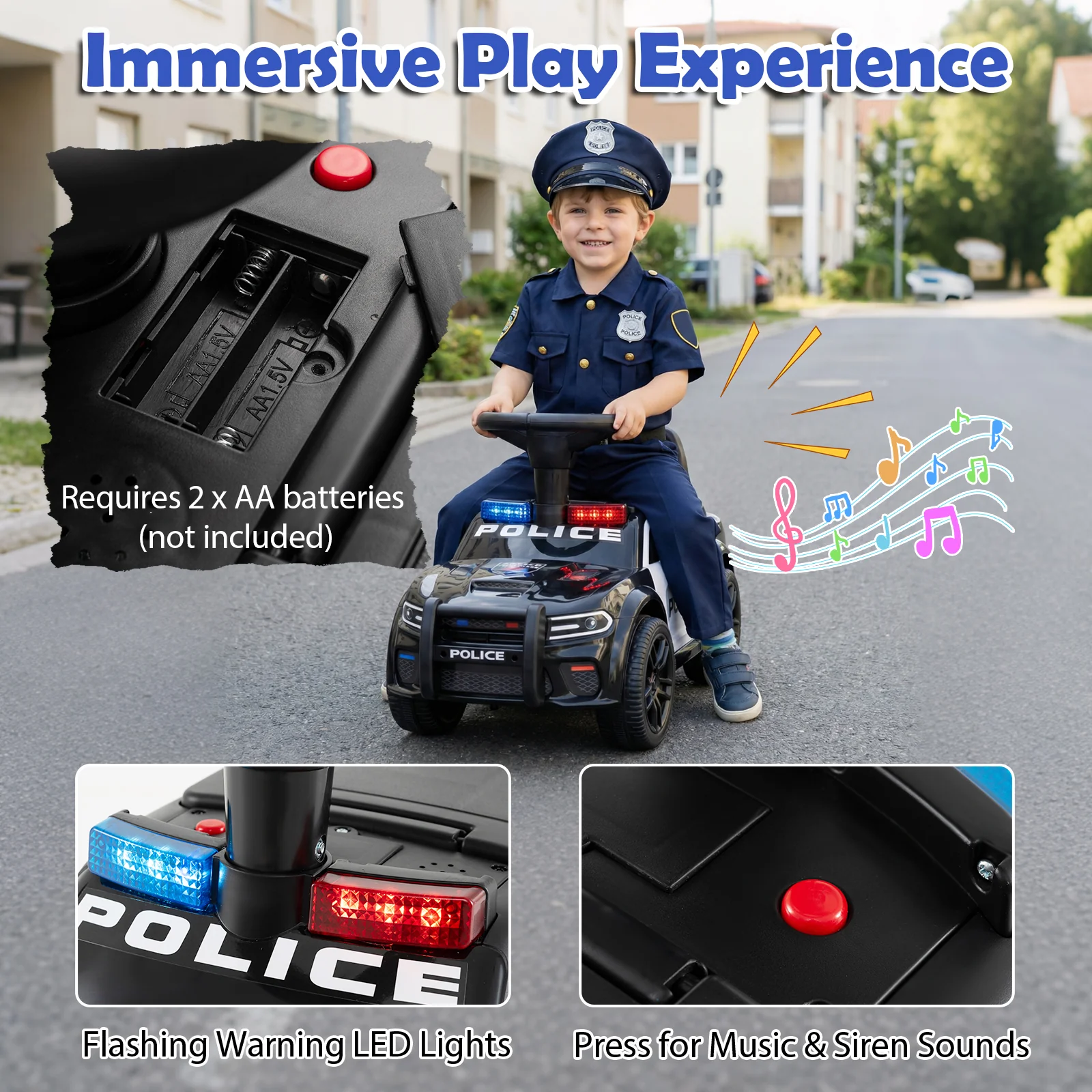 Toddler Sliding Car with Steering Wheel and Under-Seat Storage Push-DK, Black - Image 7