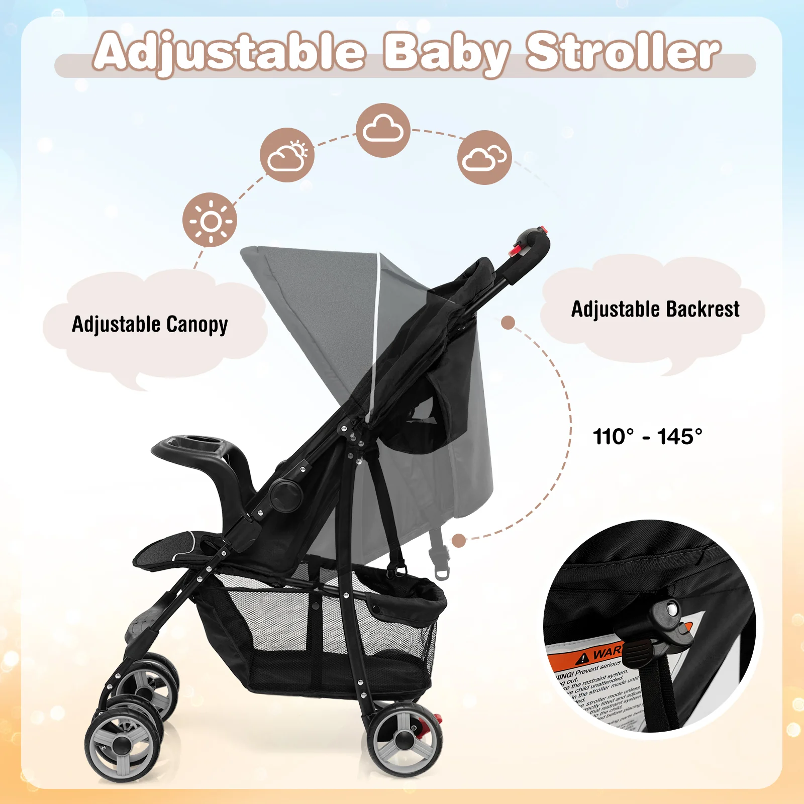 Toddler Travel Stroller, Airplane, Adjustable Backrest, Canopy, Black - Image 10