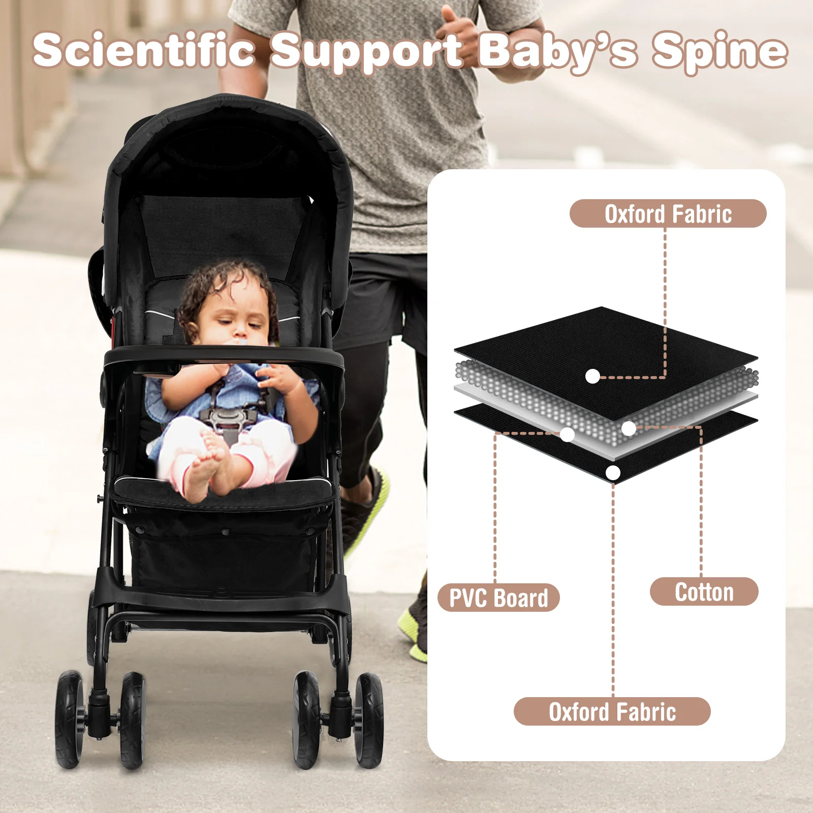 Toddler Travel Stroller, Airplane, Adjustable Backrest, Canopy, Black - Image 3