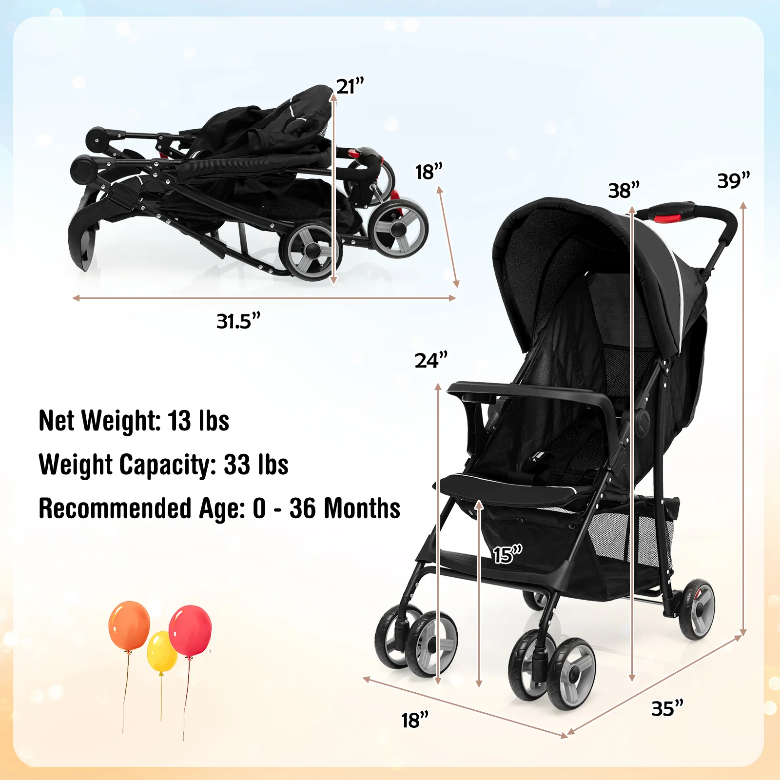 Toddler Travel Stroller, Airplane, Adjustable Backrest, Canopy, Black - Image 5