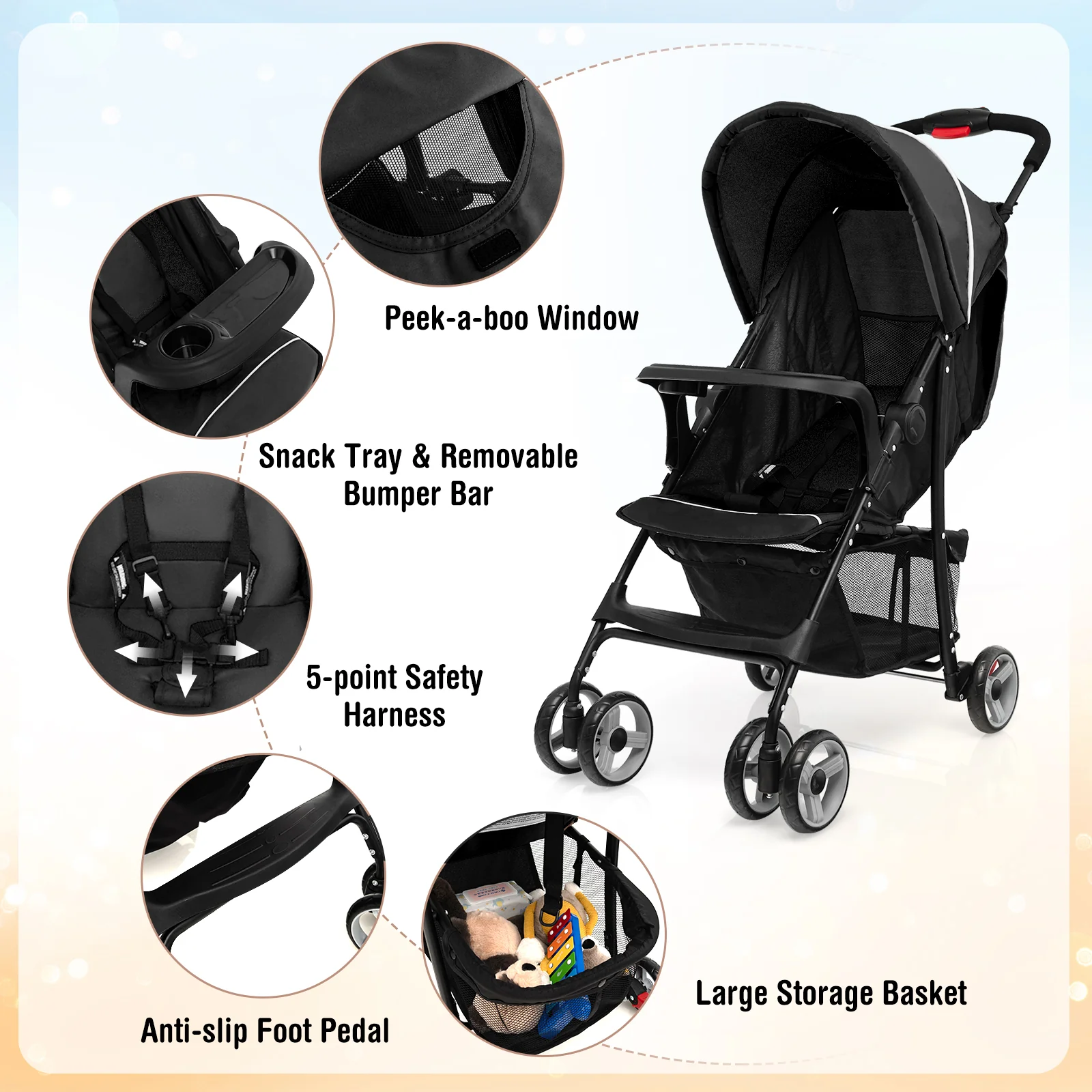Toddler Travel Stroller, Airplane, Adjustable Backrest, Canopy, Black - Image 6