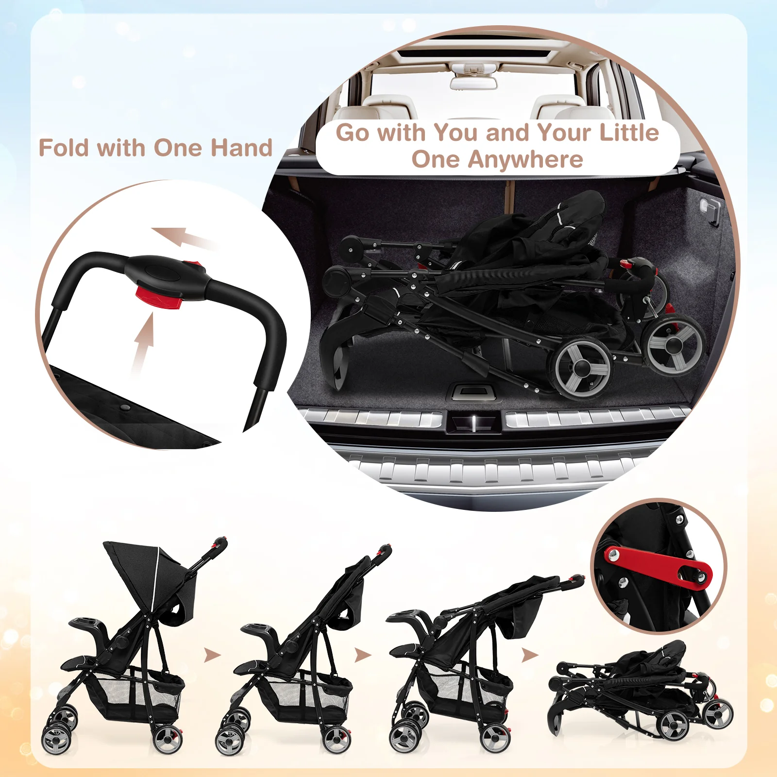 Toddler Travel Stroller, Airplane, Adjustable Backrest, Canopy, Black - Image 8