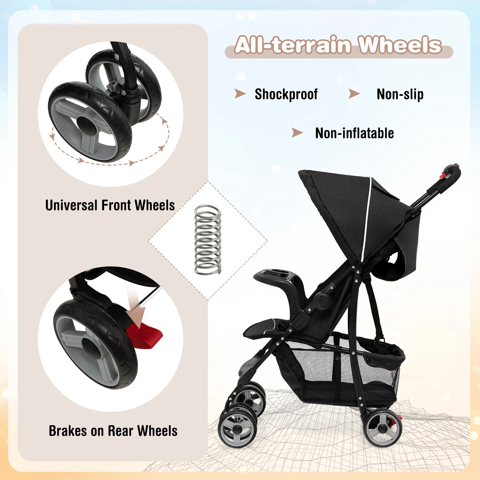 Toddler Travel Stroller, Airplane, Adjustable Backrest, Canopy, Black - Image 9
