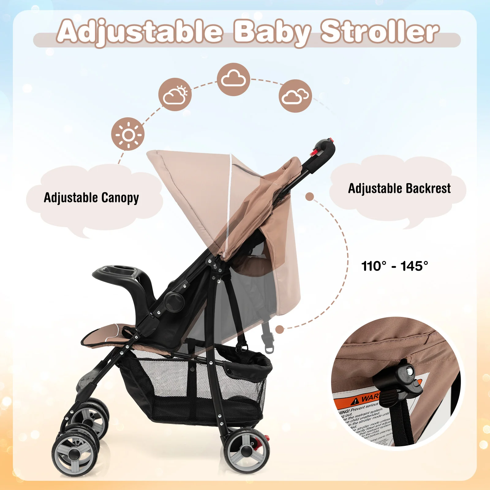 Toddler Travel Stroller, Airplane, Canopy, Adjustable Backrest, Coffee - Image 10