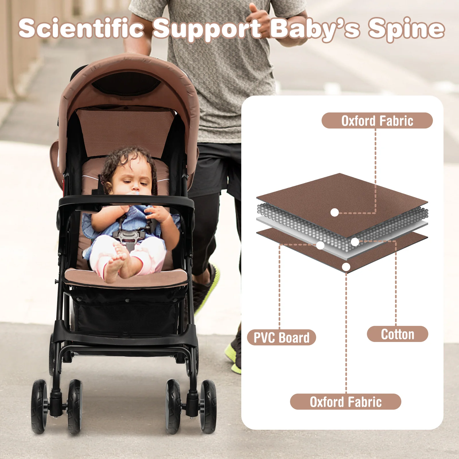 Toddler Travel Stroller, Airplane, Canopy, Adjustable Backrest, Coffee - Image 3