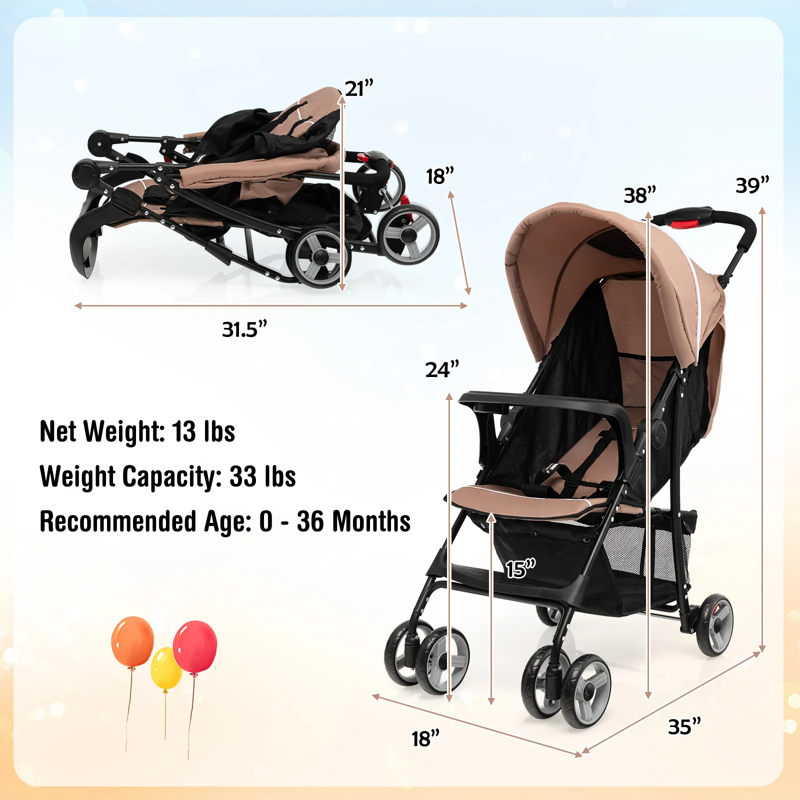 Toddler Travel Stroller, Airplane, Canopy, Adjustable Backrest, Coffee - Image 5