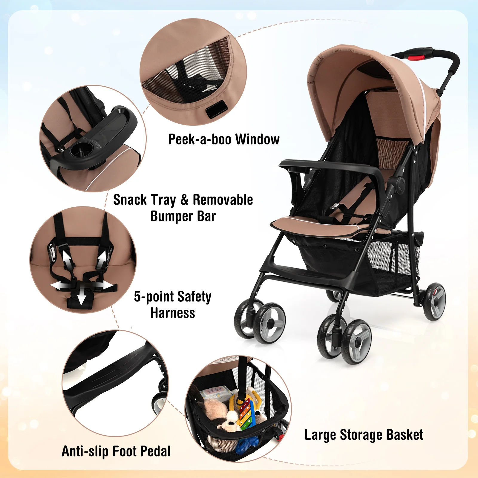 Toddler Travel Stroller, Airplane, Canopy, Adjustable Backrest, Coffee - Image 6