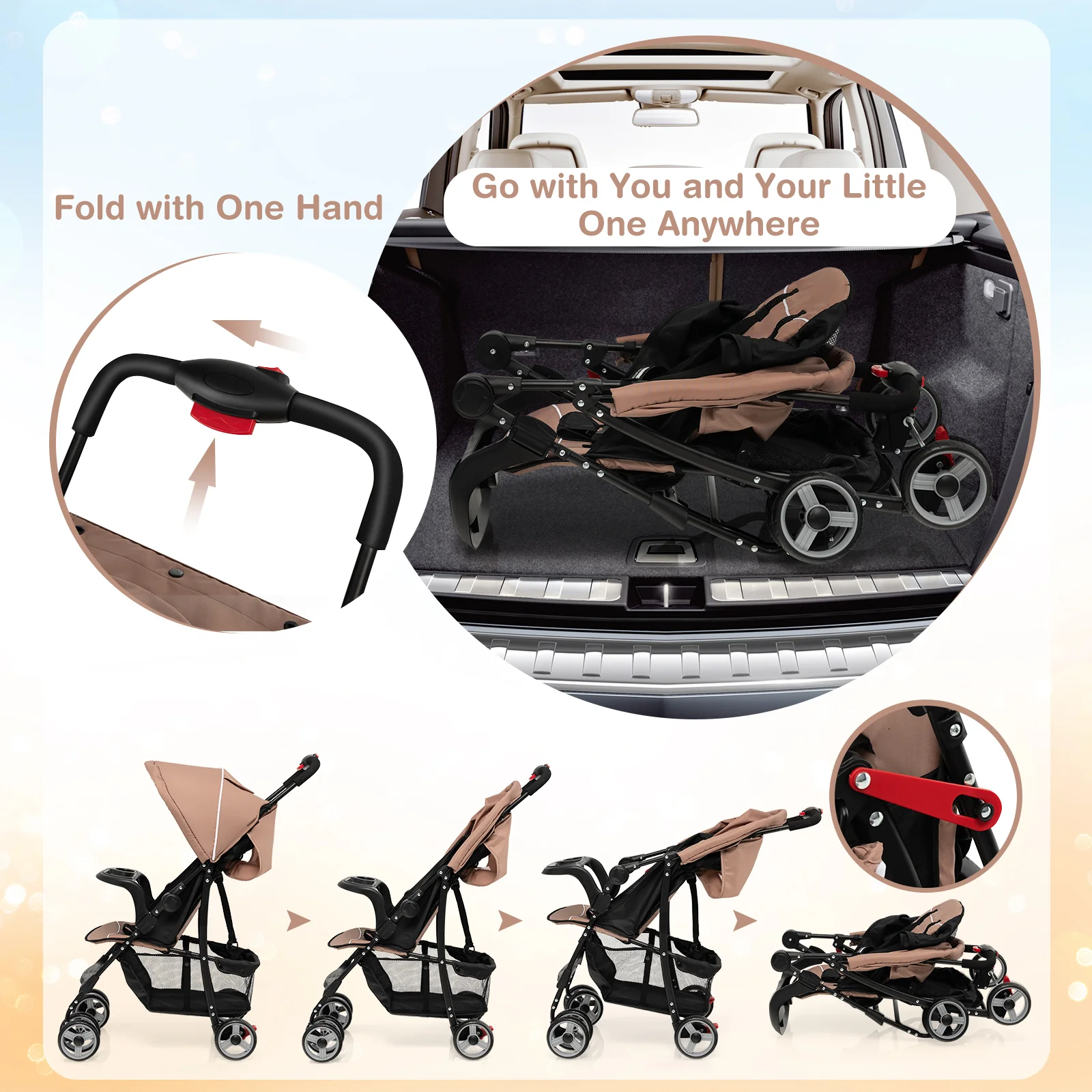 Toddler Travel Stroller, Airplane, Canopy, Adjustable Backrest, Coffee - Image 8