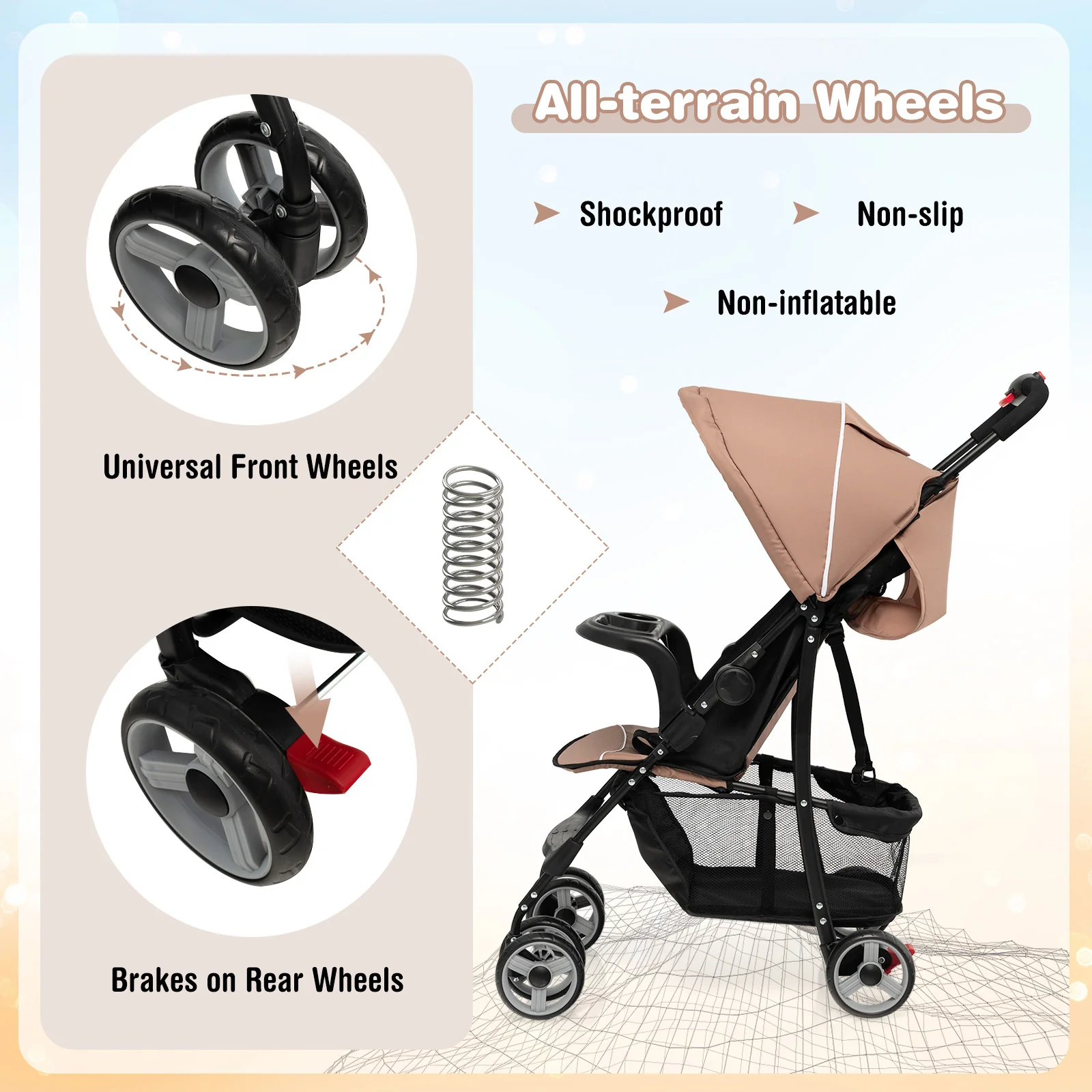 Toddler Travel Stroller, Airplane, Canopy, Adjustable Backrest, Coffee - Image 9