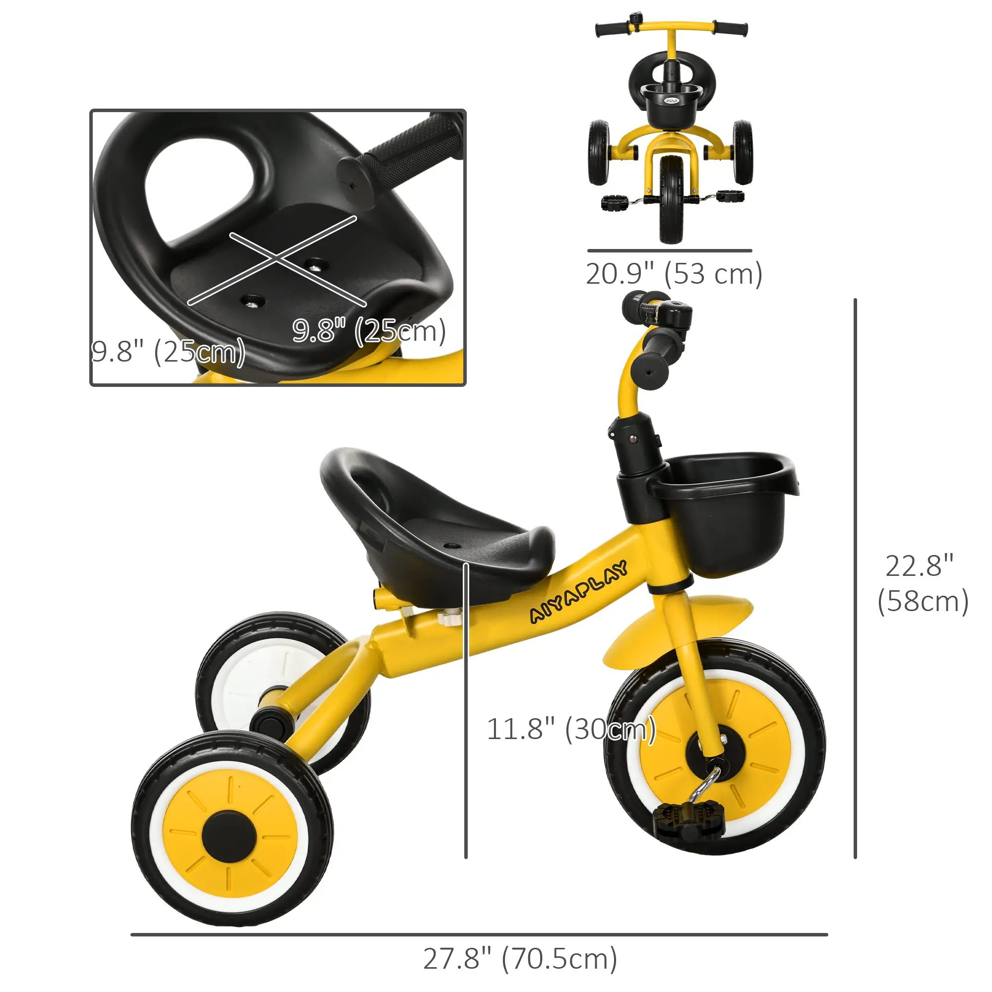 Toddler Tricycle for 2-5 Year Olds, Adjustable Seat, Basket, Bell, Yellow - Image 3