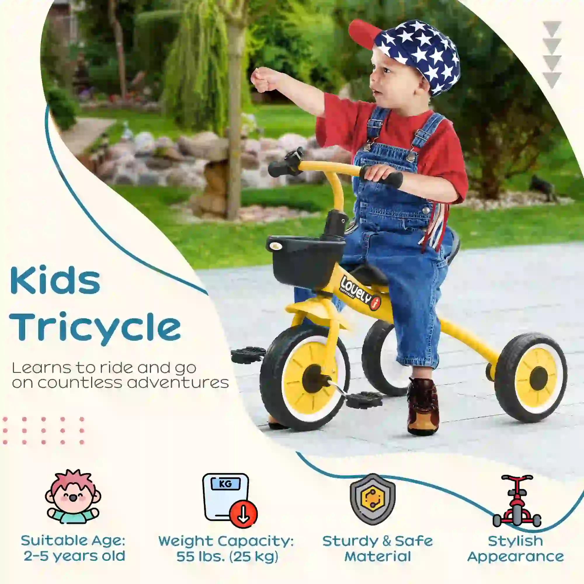 Toddler Tricycle for 2-5 Year Olds, Adjustable Seat, Basket, Bell, Yellow - Image 4